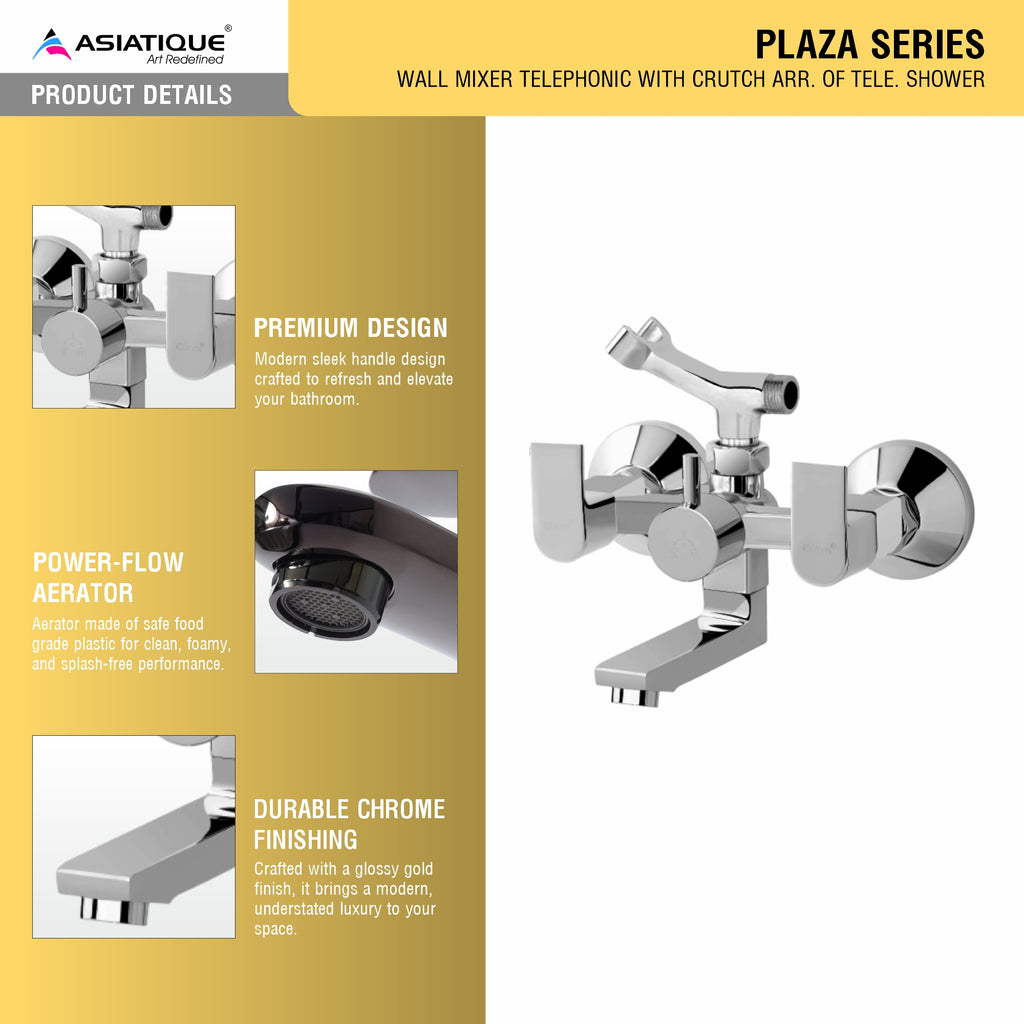 Asiatique Wall Mixer Telephonic With Crutch Arr. of Tele. Shower (PL-016), Plaza Series Bathroom Faucets & Mixers | Premium Brass Tap Collection