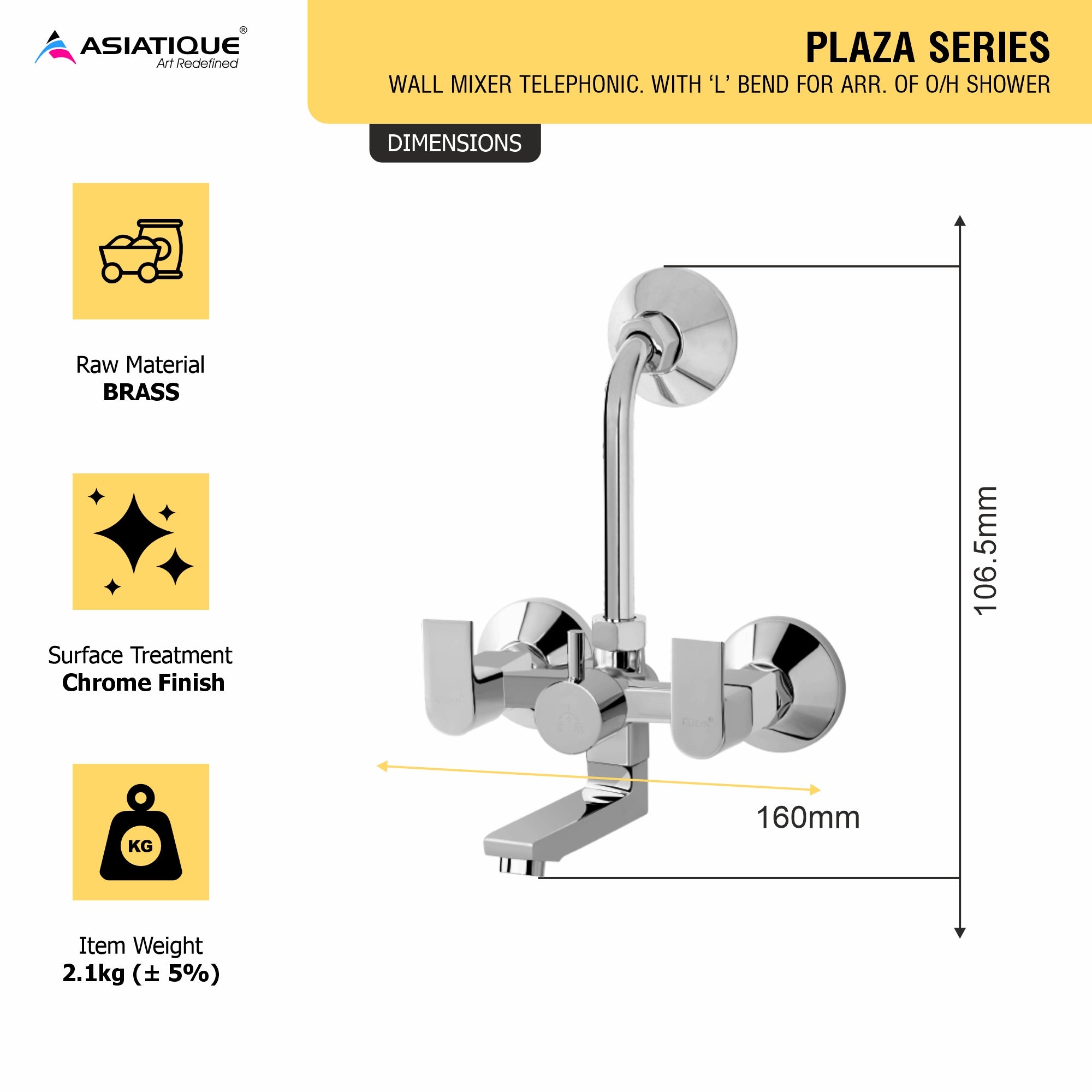 Asiatique Wall Mixer Telephonic With 'L' Bend For ARR. of O/H Shower (PL-017), Plaza Series Bathroom Faucets & Mixers | Premium Brass Tap Collection