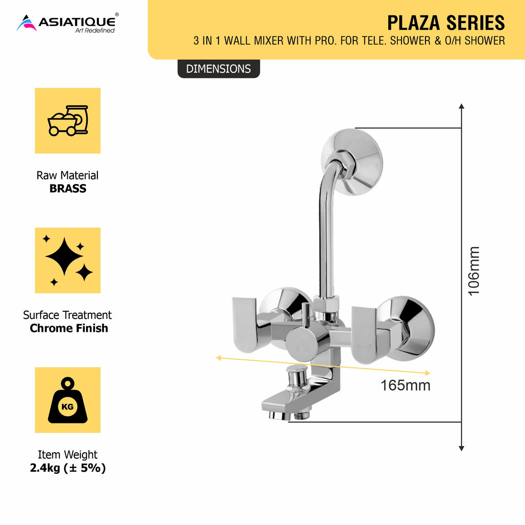 Asiatique 3 in 1 Wall Mixer With Pro. For Tele. Shower & O/H Shower (PL-018), Plaza Series Bathroom Faucets & Mixers | Premium Brass Tap Collection