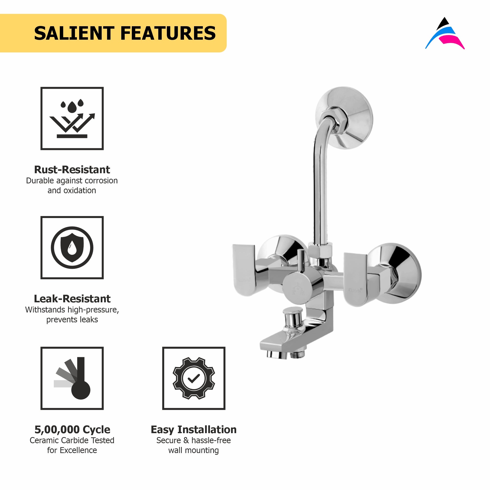Asiatique 3 in 1 Wall Mixer With Pro. For Tele. Shower & O/H Shower (PL-018), Plaza Series Bathroom Faucets & Mixers | Premium Brass Tap Collection
