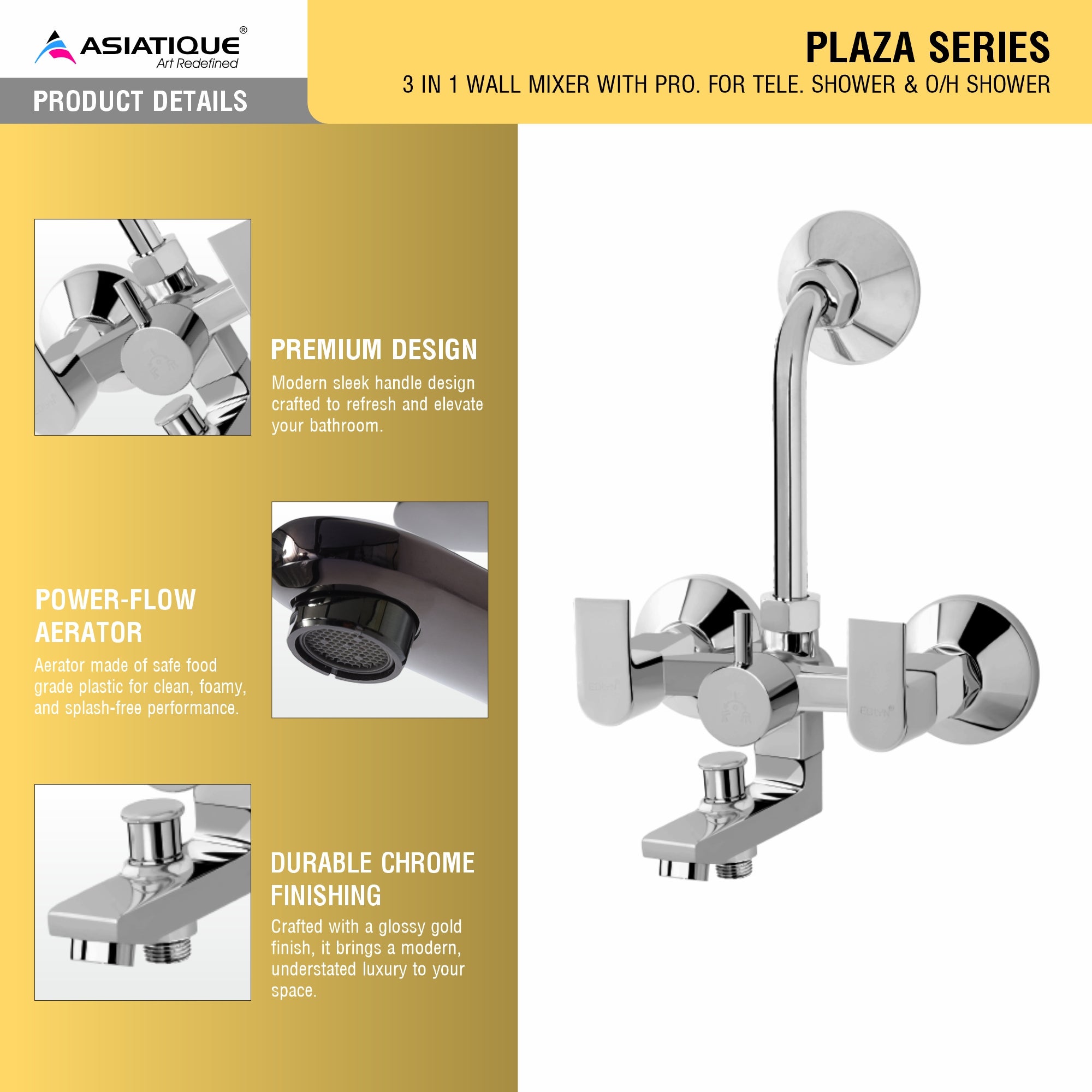 Asiatique 3 in 1 Wall Mixer With Pro. For Tele. Shower & O/H Shower (PL-018), Plaza Series Bathroom Faucets & Mixers | Premium Brass Tap Collection