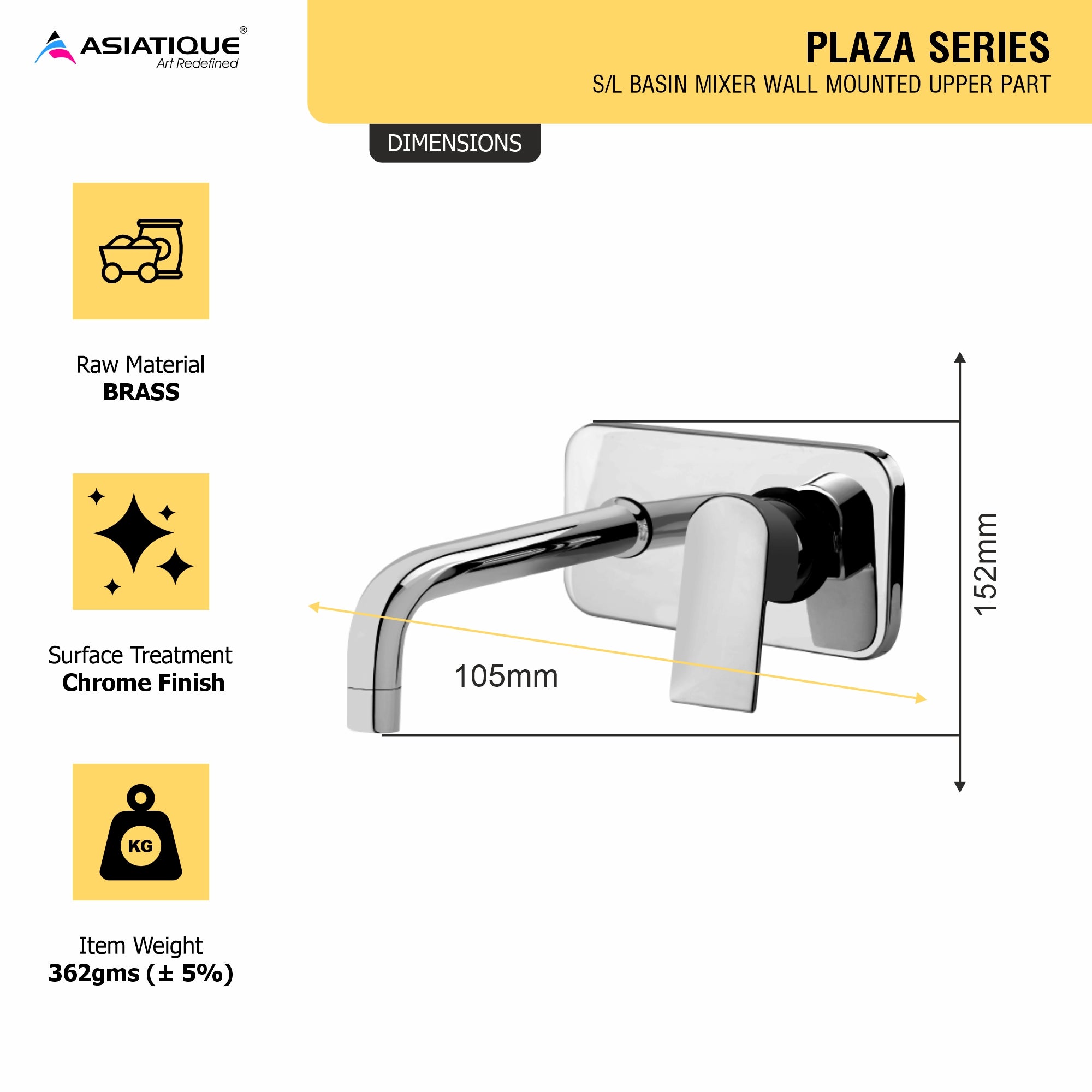 Asiatique S/L Basin Mixer Wall Mounted Upper Part (PL-019U), Plaza Series Bathroom Faucets & Mixers | Premium Brass Tap Collection