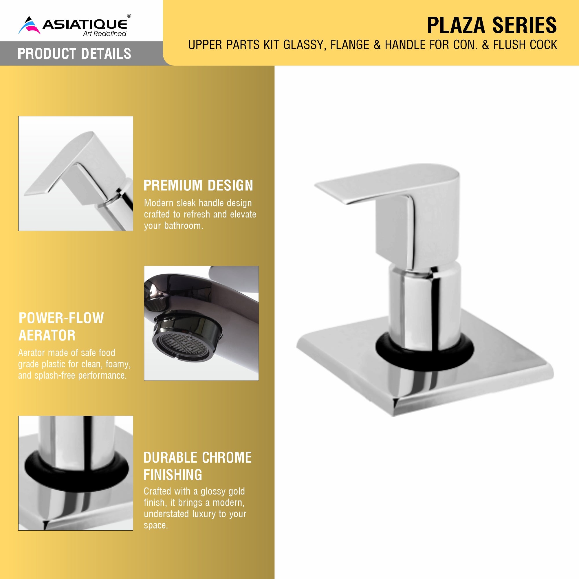 Asiatique Upper Parts Kit Glassy, Flange & Handle For Con. & Flush Cock (PL-021U), Plaza Series Bathroom Faucets & Mixers | Premium Brass Tap Collection