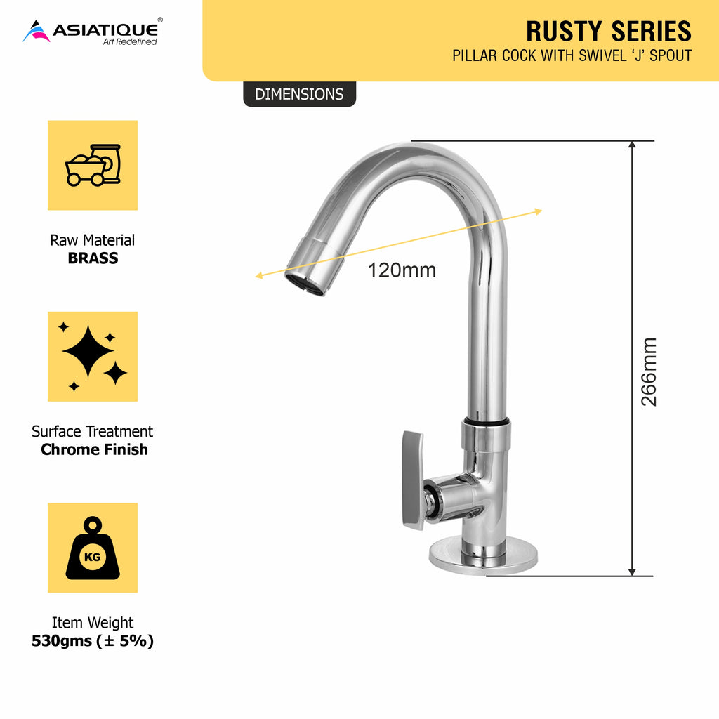 AsiatiqueSink Pillar Cock With Swivel 'J' Spout  (R-002), Rusty Series Premium Faucets & Mixers
