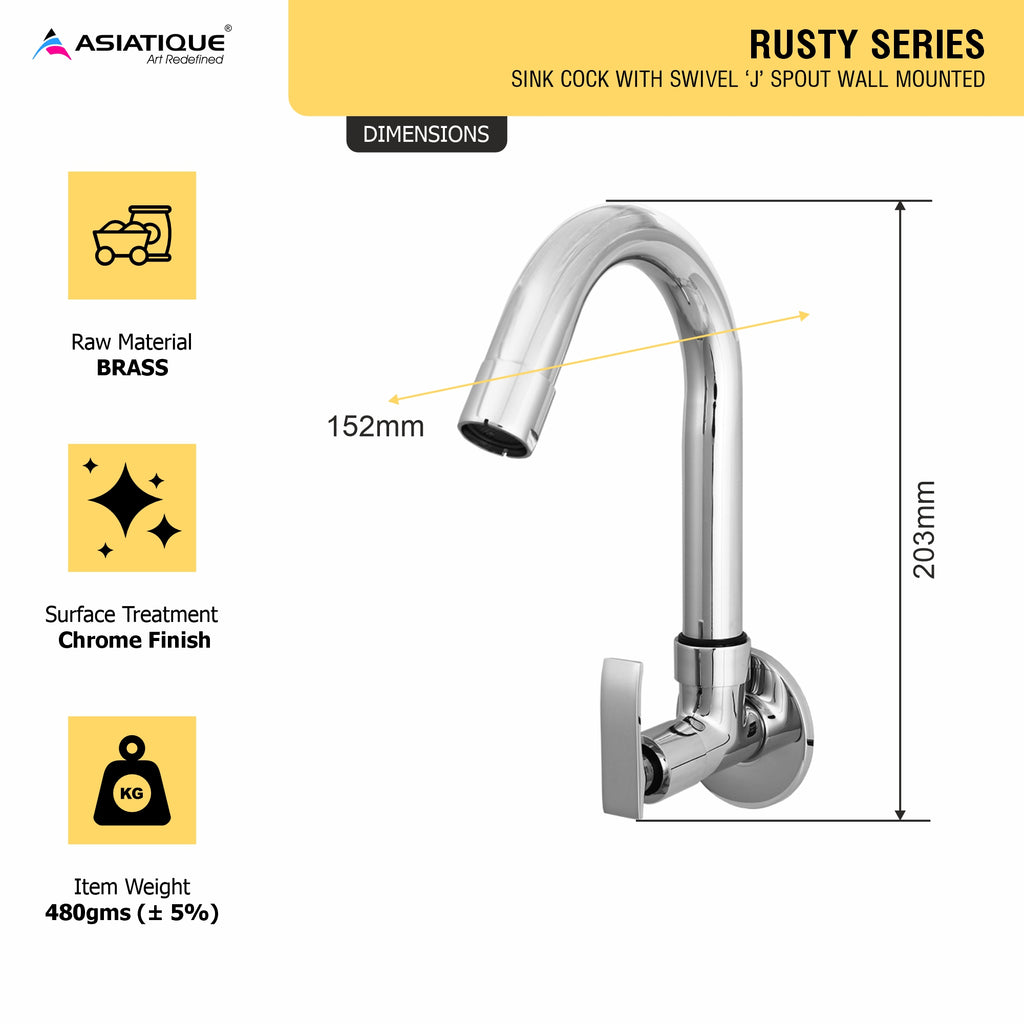 Asiatique Sink Cock With Swivel 'J' Spout Wall Mounted  (R-008), Rusty Series Premium Faucets & Mixers