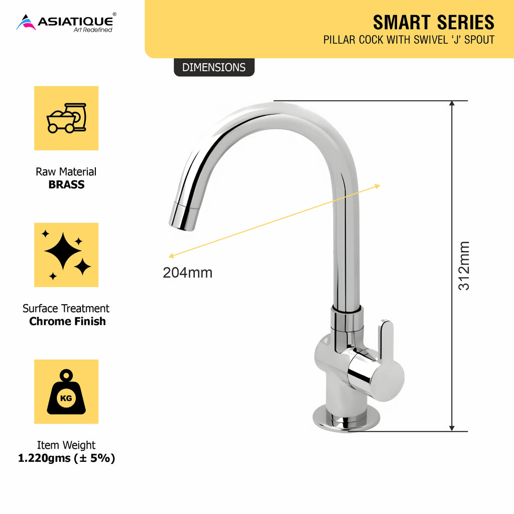 Asiatique Pillar Cock With Swivel ‘J’ Spout (S-002), Premium Brass Chrome Bathroom Faucet & Mixer Collection, Smart Series