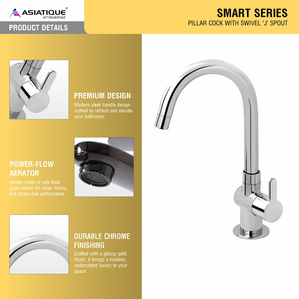 Asiatique Pillar Cock With Swivel ‘J’ Spout (S-002), Premium Brass Chrome Bathroom Faucet & Mixer Collection, Smart Series