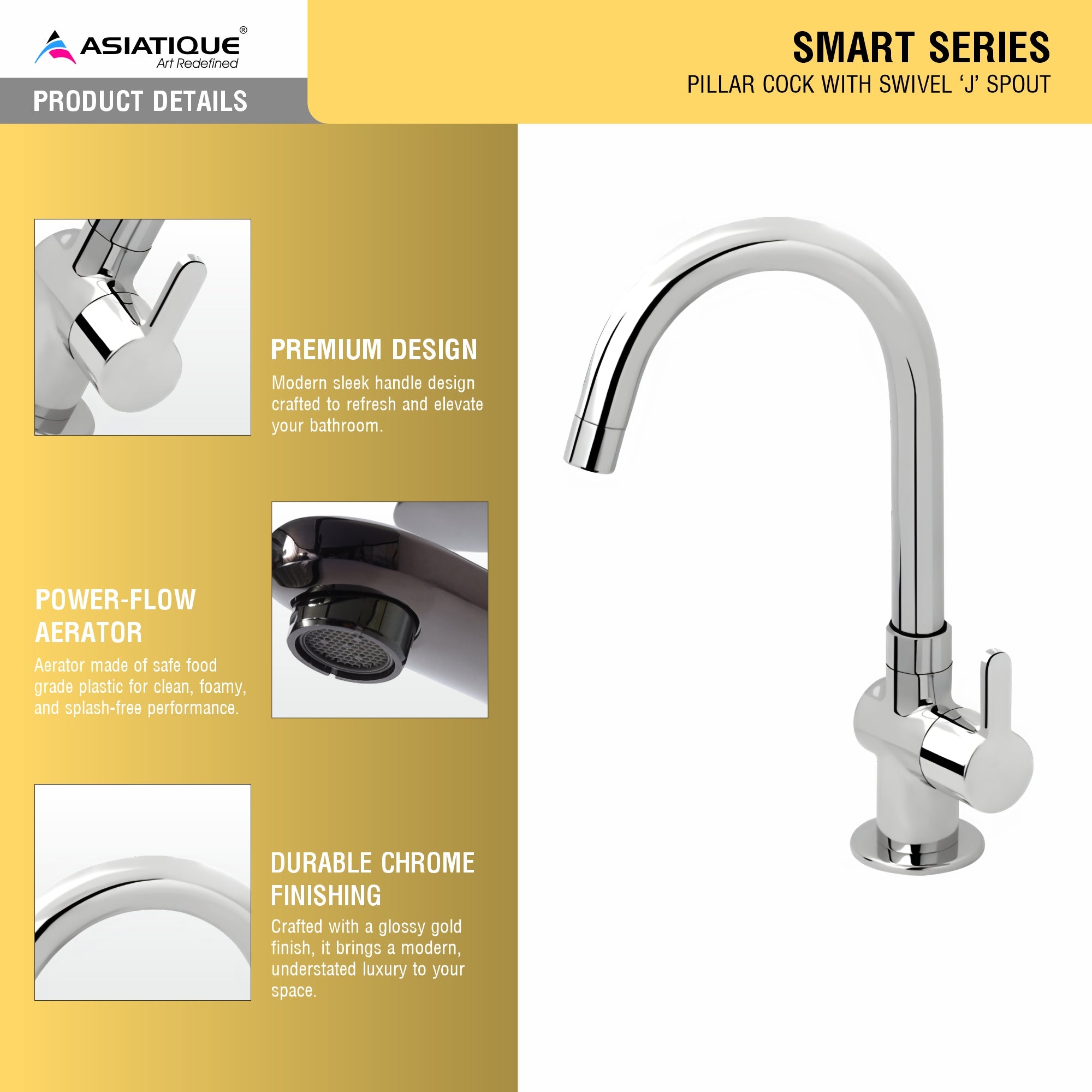 Asiatique Pillar Cock With Swivel ‘J’ Spout (S-002), Premium Brass Chrome Bathroom Faucet & Mixer Collection, Smart Series