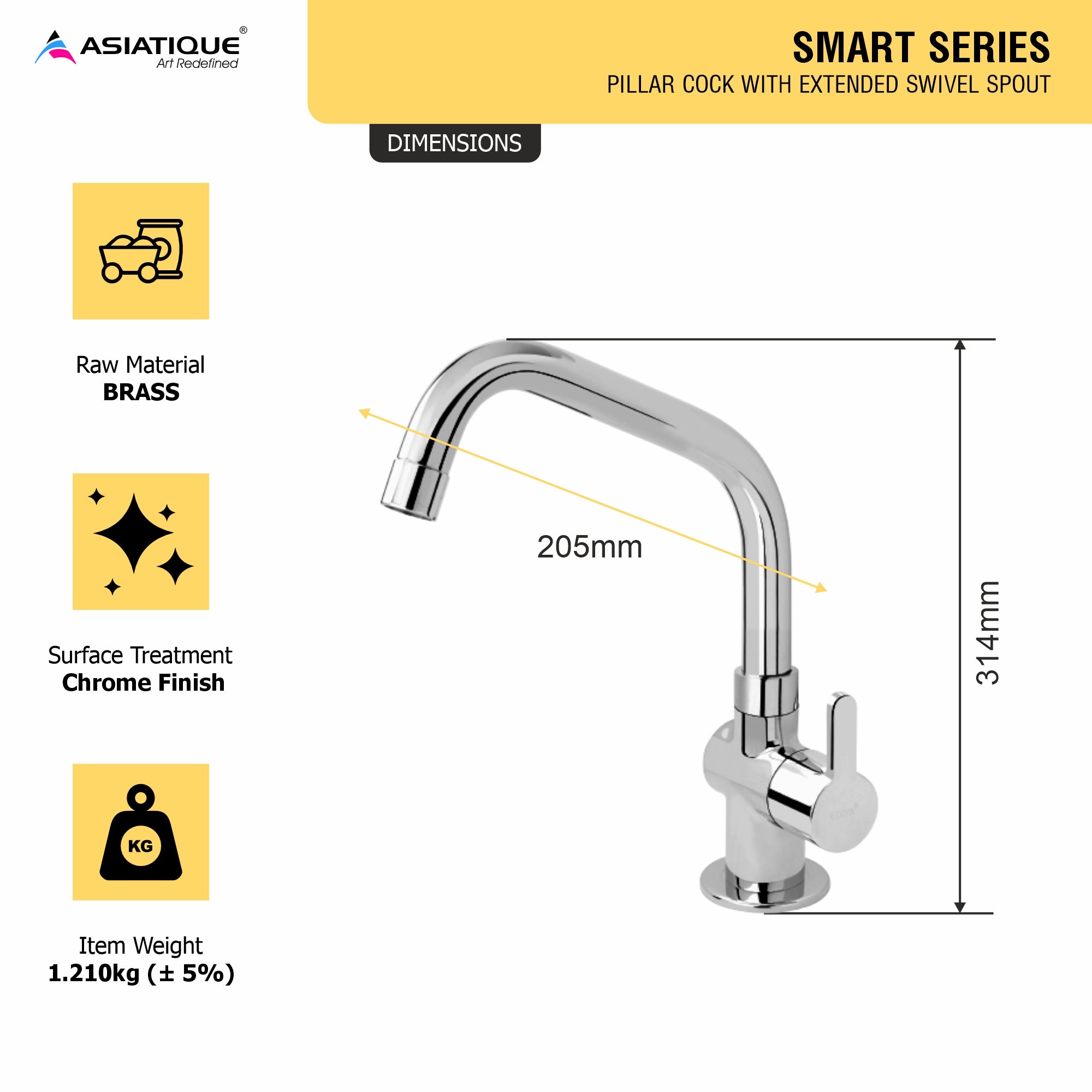 Asiatique Pillar Cock With Extended Swivel Spout (S-002EX), Premium Brass Chrome Bathroom Faucet & Mixer Collection, Smart Series