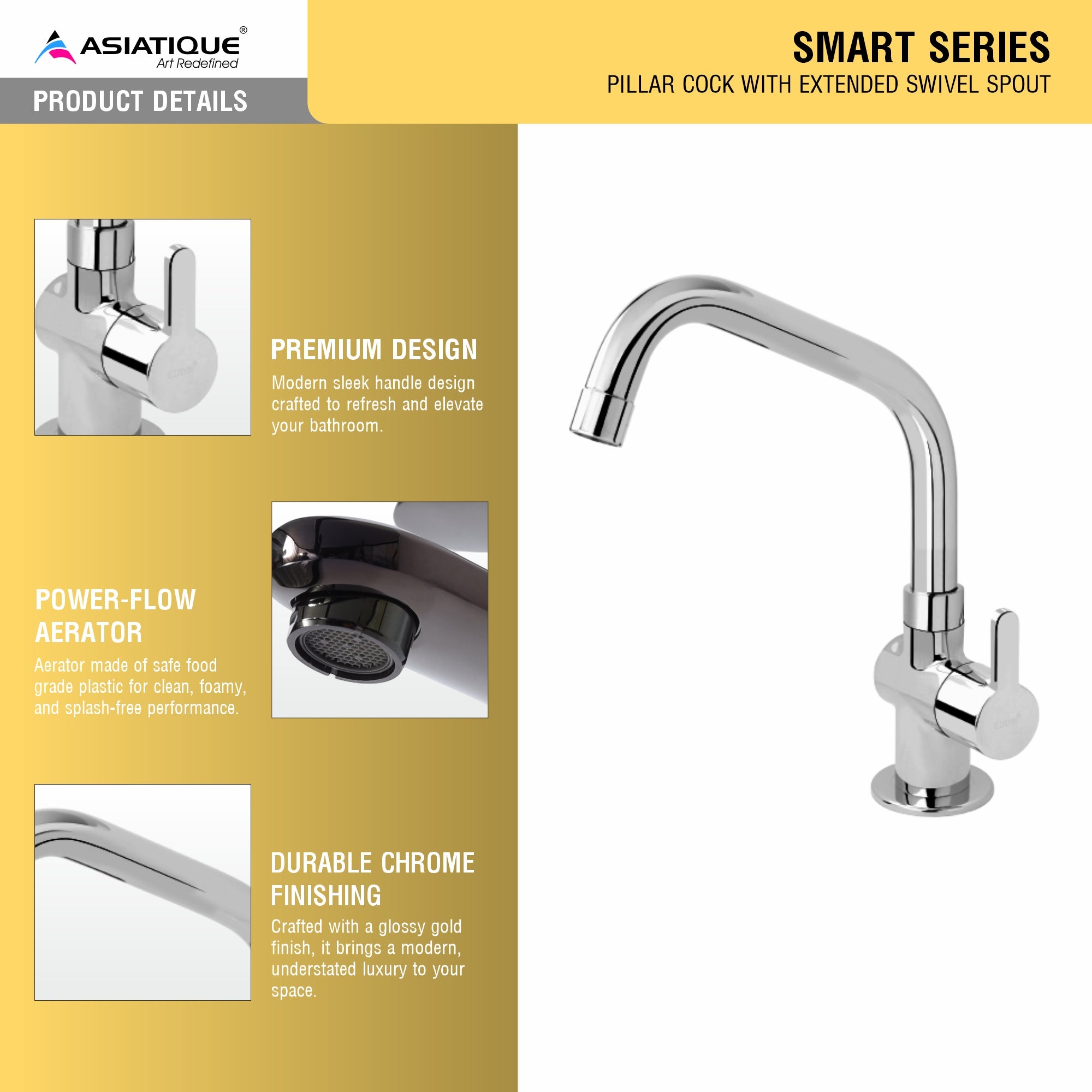 Asiatique Pillar Cock With Extended Swivel Spout (S-002EX), Premium Brass Chrome Bathroom Faucet & Mixer Collection, Smart Series