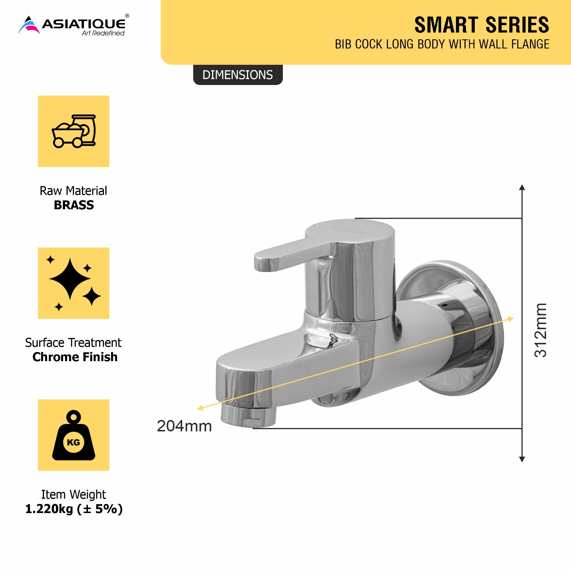 Asiatique Bib Cock Long Body With Wall Flange (S-004), Premium Brass Chrome Bathroom Faucet & Mixer Collection, Smart Series