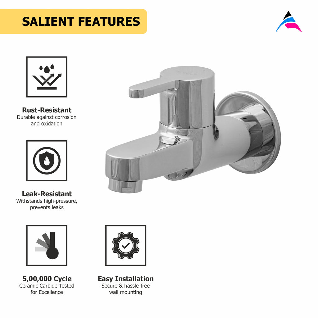 Asiatique Bib Cock Long Body With Wall Flange (S-004), Premium Brass Chrome Bathroom Faucet & Mixer Collection, Smart Series