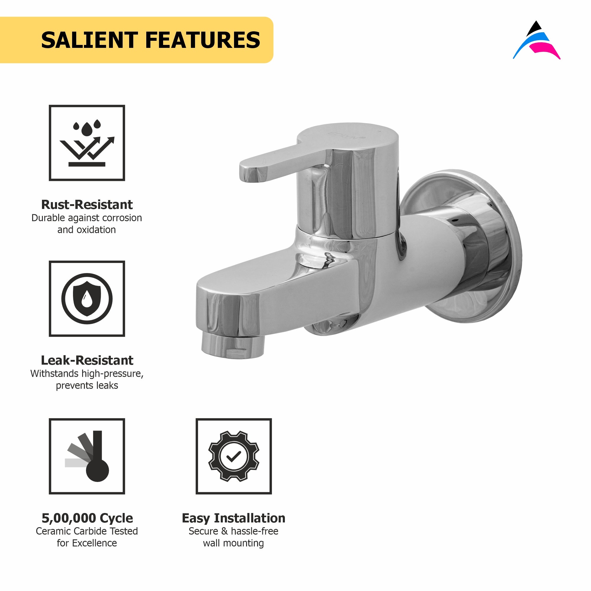 Asiatique Bib Cock Long Body With Wall Flange (S-004), Premium Brass Chrome Bathroom Faucet & Mixer Collection, Smart Series