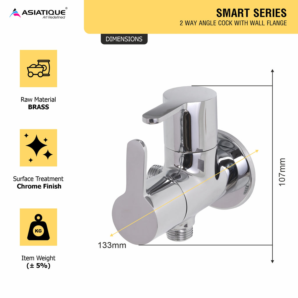 Asiatique 2 Way Angle Cock With Wall Flange (S-005TW), Premium Brass Chrome Bathroom Faucet & Mixer Collection, Smart Series