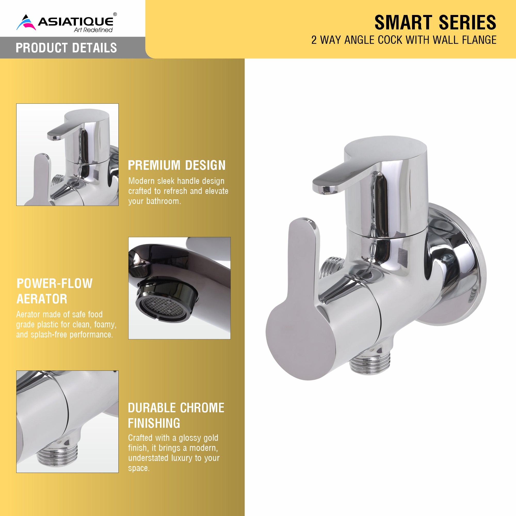 Asiatique 2 Way Angle Cock With Wall Flange (S-005TW), Premium Brass Chrome Bathroom Faucet & Mixer Collection, Smart Series