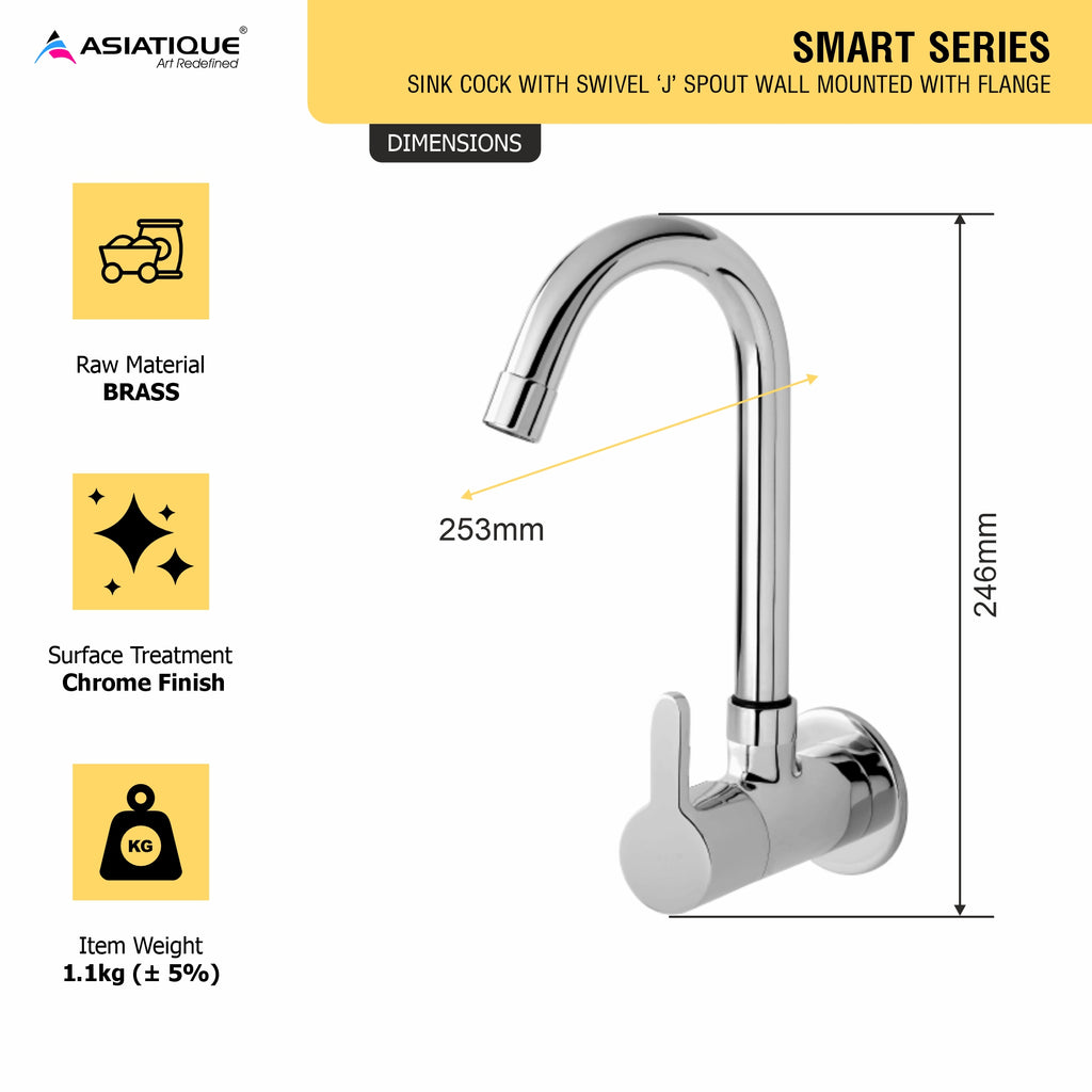 Asiatique Sink Cock With Swivel ‘J’ Spout Wall Mounted With Flange (S-008), Premium Brass Chrome Bathroom Faucet & Mixer Collection, Smart Series