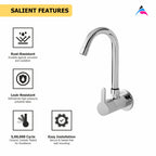 Asiatique Sink Cock With Swivel ‘J’ Spout Wall Mounted With Flange (S-008), Premium Brass Chrome Bathroom Faucet & Mixer Collection, Smart Series