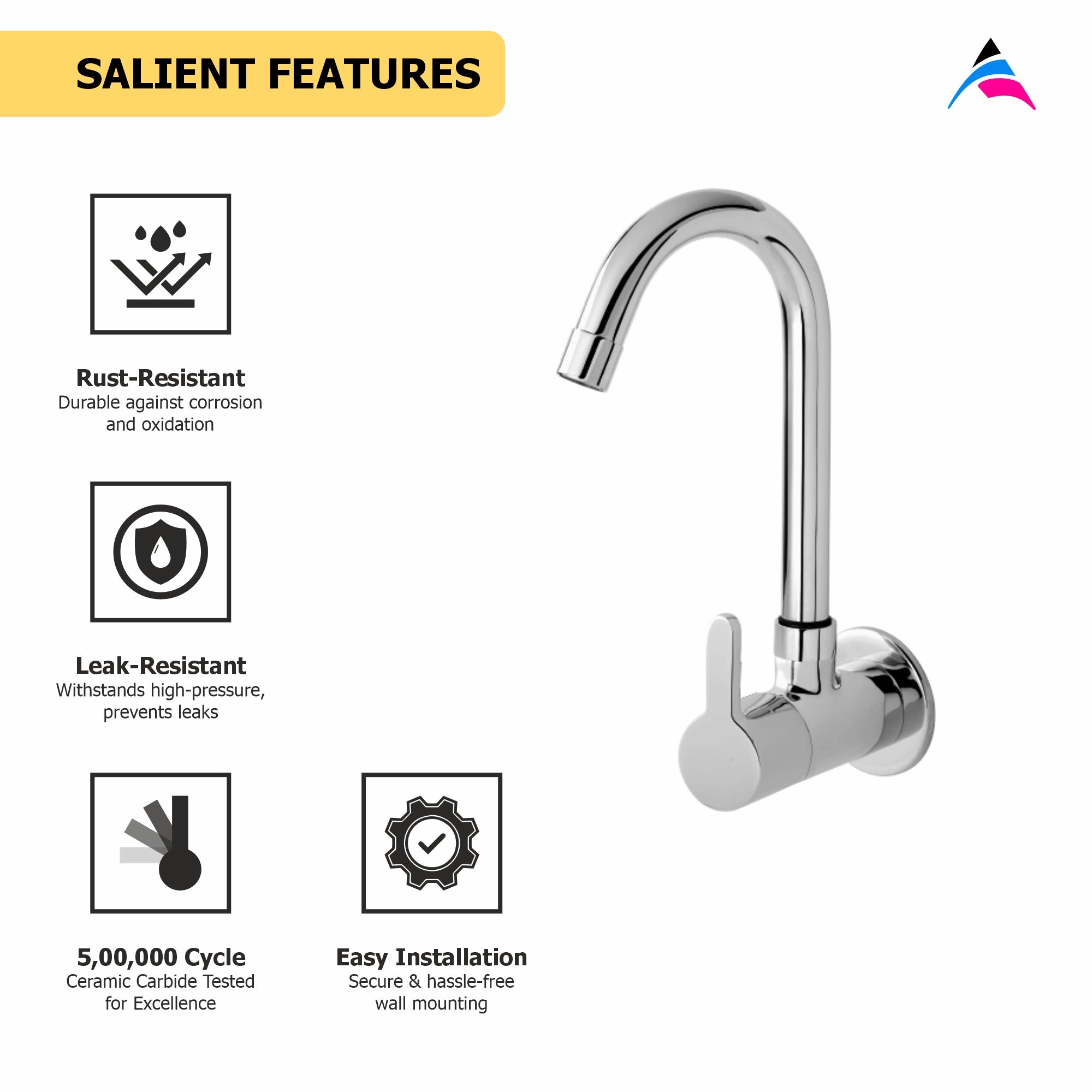 Asiatique Sink Cock With Swivel ‘J’ Spout Wall Mounted With Flange (S-008), Premium Brass Chrome Bathroom Faucet & Mixer Collection, Smart Series