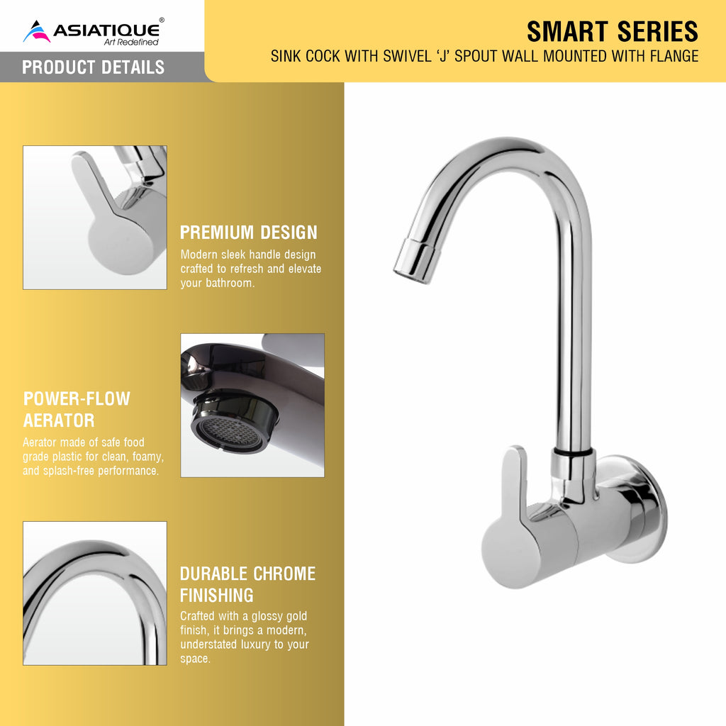 Asiatique Sink Cock With Swivel ‘J’ Spout Wall Mounted With Flange (S-008), Premium Brass Chrome Bathroom Faucet & Mixer Collection, Smart Series
