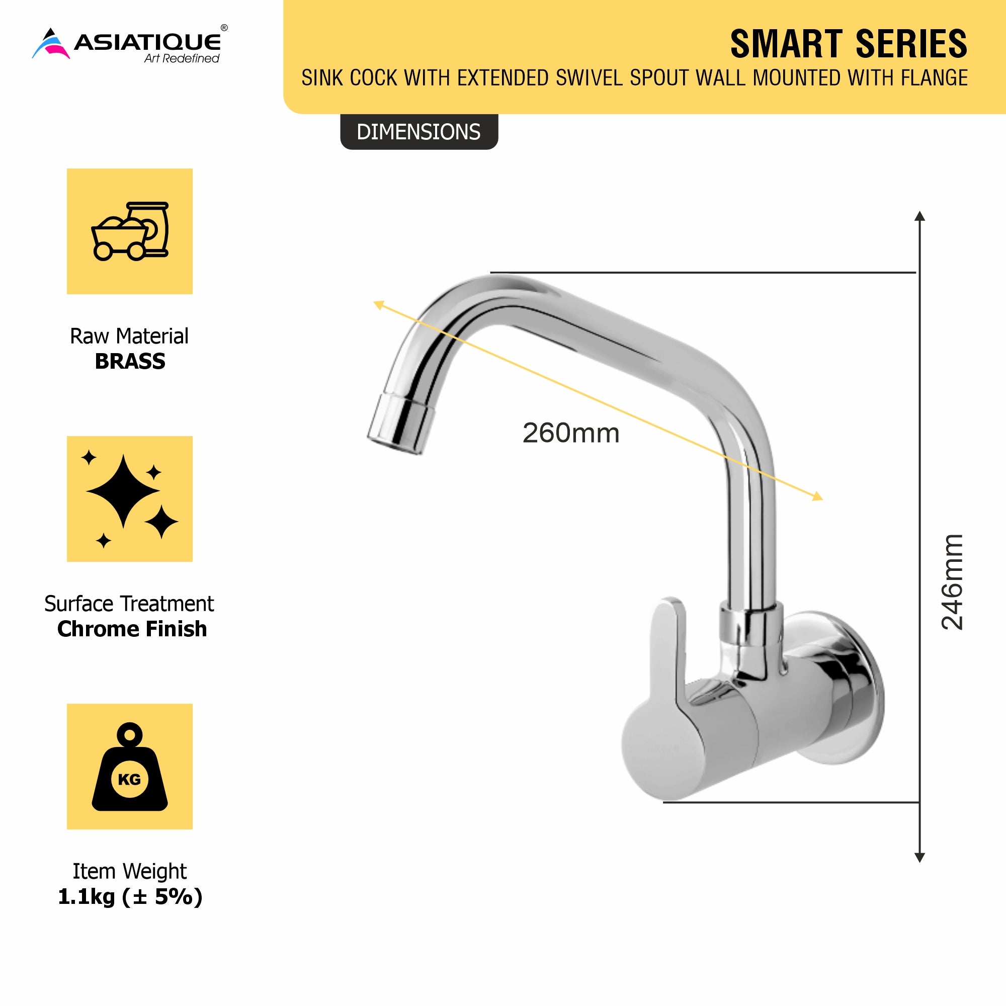 Asiatique Sink Cock With Extended Swivel Spout Wall Mounted With Flange (S-008EX), Premium Brass Chrome Bathroom Faucet & Mixer Collection, Smart Series