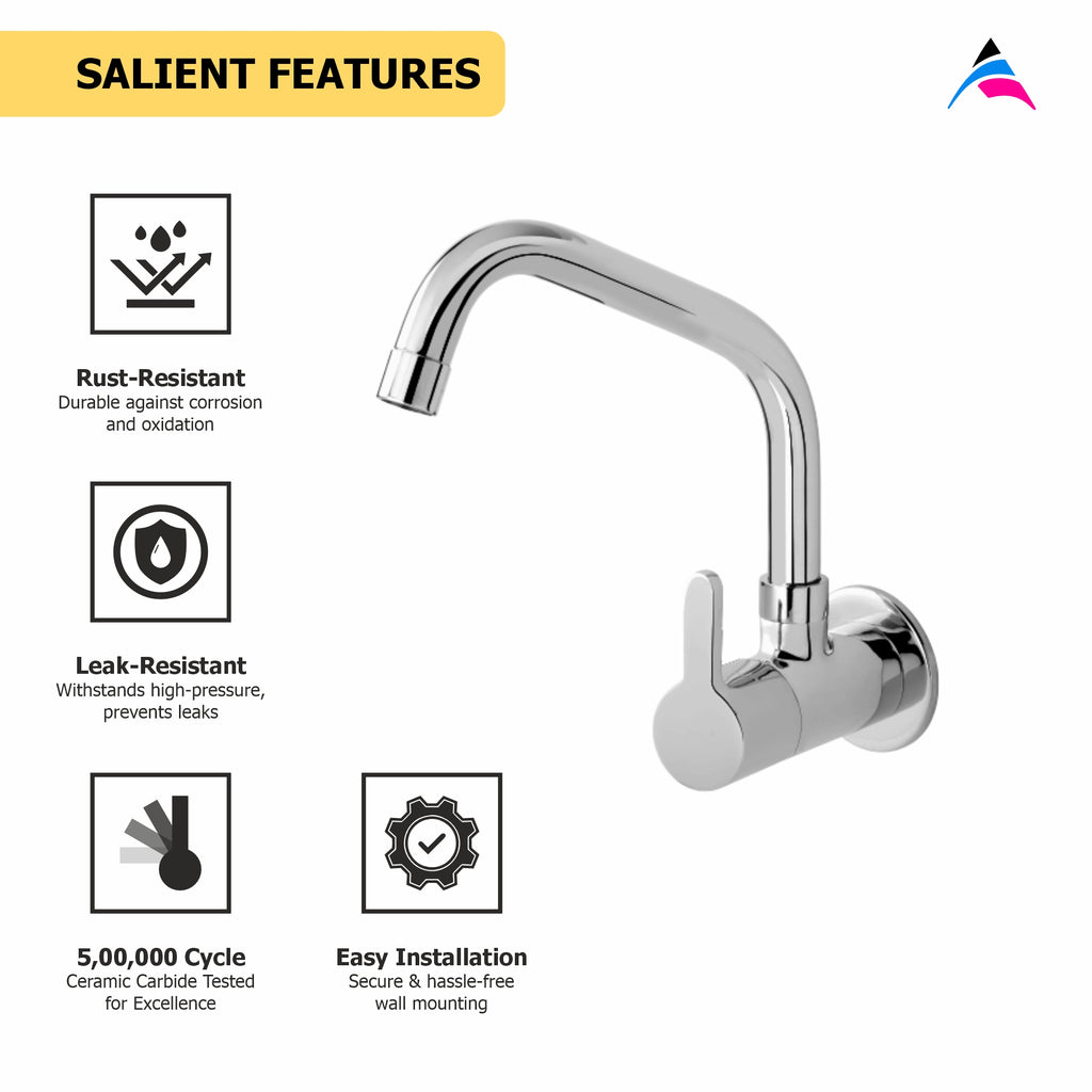 Asiatique Sink Cock With Extended Swivel Spout Wall Mounted With Flange (S-008EX), Premium Brass Chrome Bathroom Faucet & Mixer Collection, Smart Series
