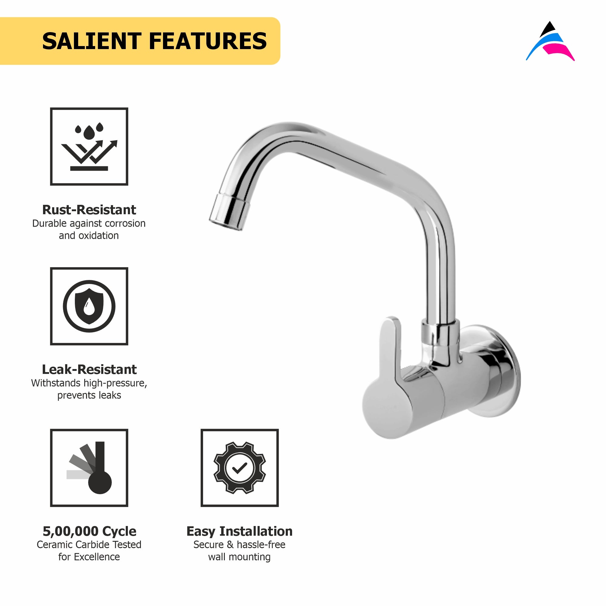 Asiatique Sink Cock With Extended Swivel Spout Wall Mounted With Flange (S-008EX), Premium Brass Chrome Bathroom Faucet & Mixer Collection, Smart Series