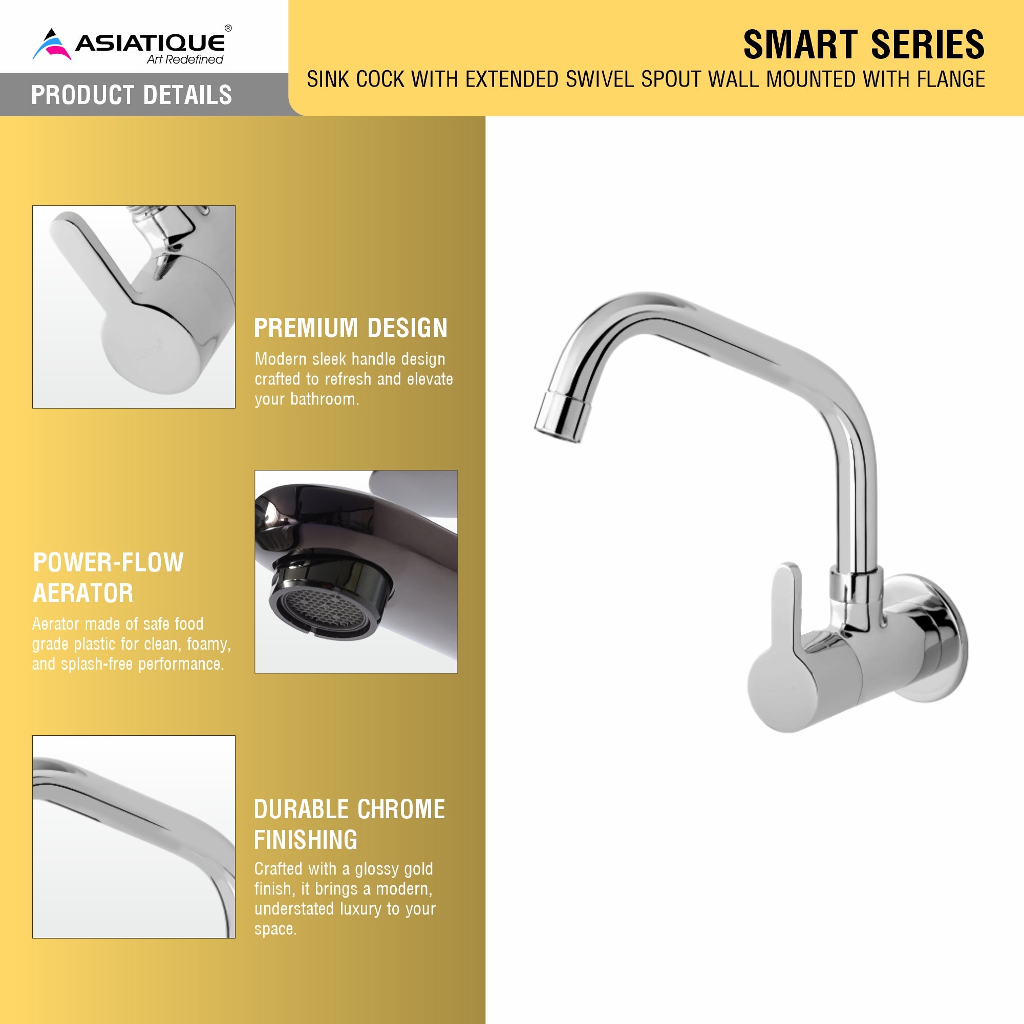 Asiatique Sink Cock With Extended Swivel Spout Wall Mounted With Flange (S-008EX), Premium Brass Chrome Bathroom Faucet & Mixer Collection, Smart Series