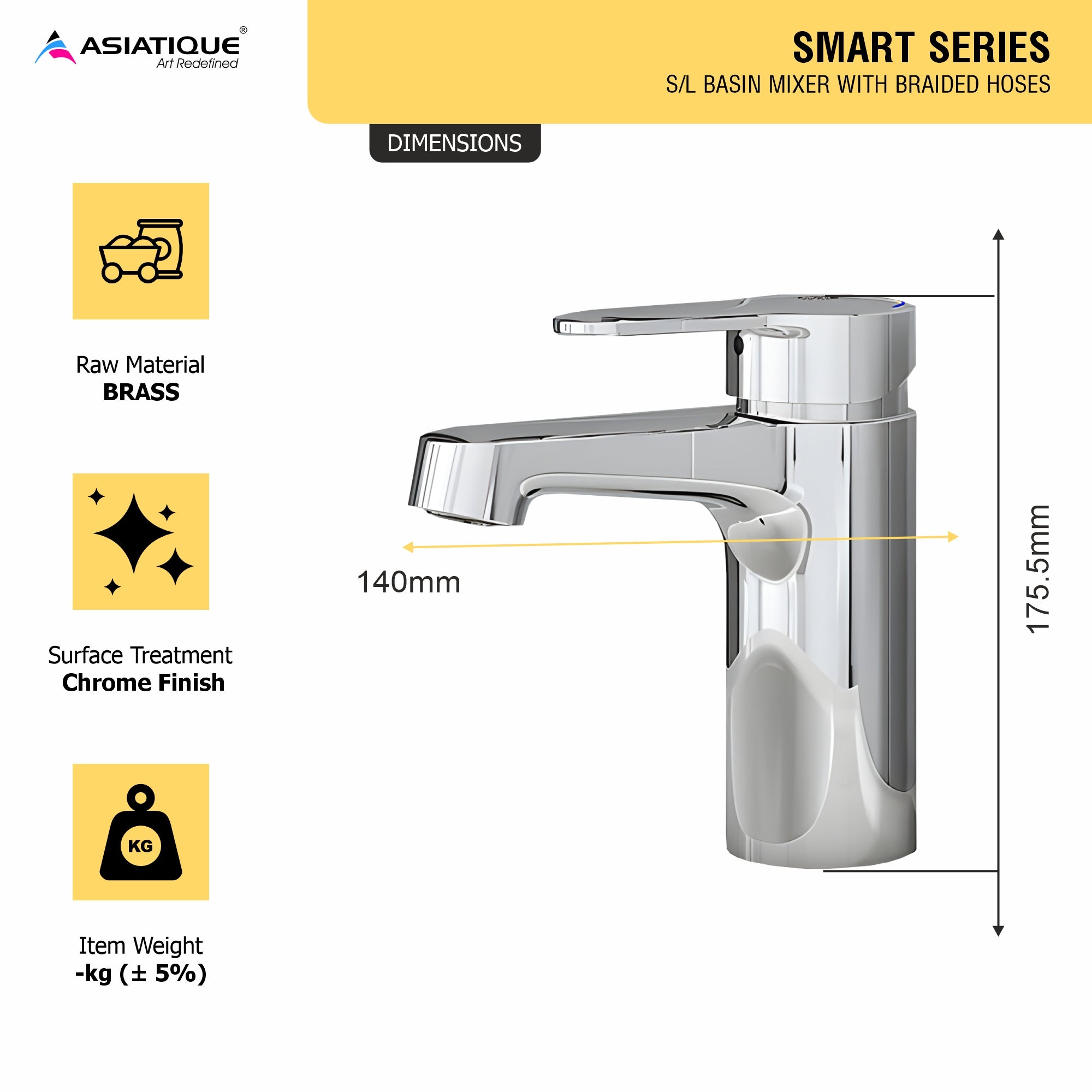 Asiatique S/L Basin Mixer With Braided Hoses (S-009), Premium Brass Chrome Bathroom Faucet & Mixer Collection, Smart Series