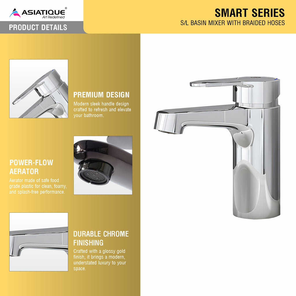 Asiatique S/L Basin Mixer With Braided Hoses (S-009), Premium Brass Chrome Bathroom Faucet & Mixer Collection, Smart Series