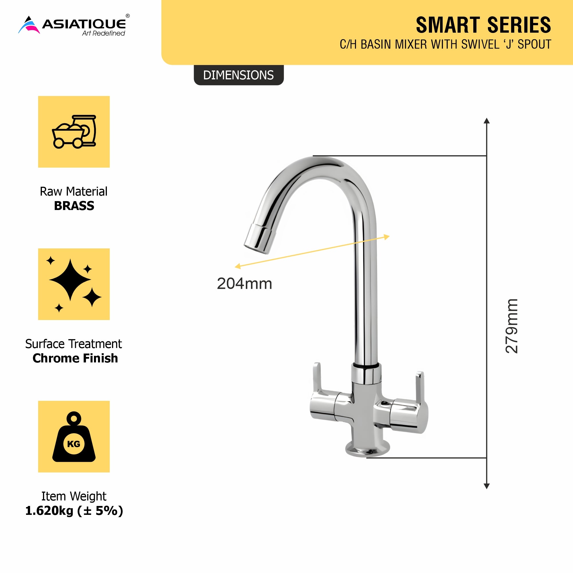 Asiatique C/H Basin Mixer With Swivel ‘J’ Spout (S-011), Premium Brass Chrome Bathroom Faucet & Mixer Collection, Smart Series