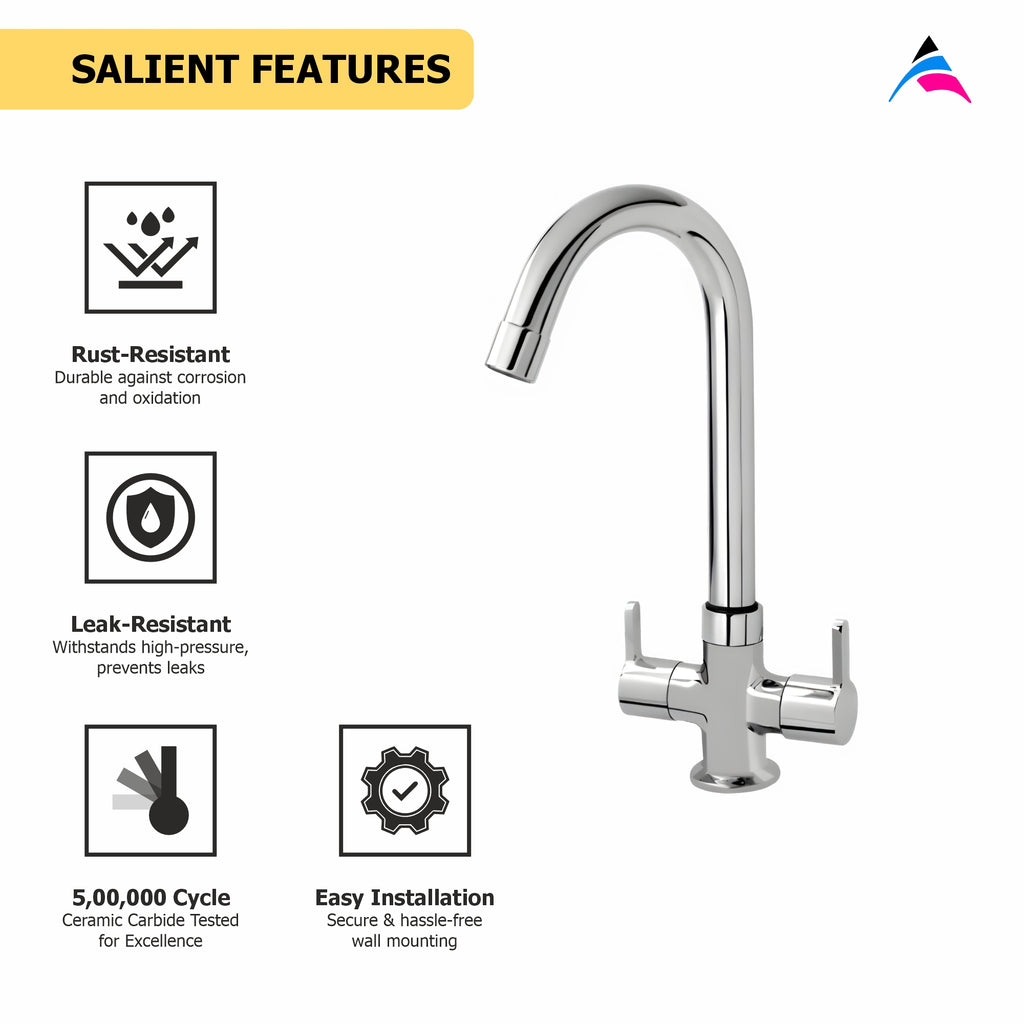 Asiatique C/H Basin Mixer With Swivel ‘J’ Spout (S-011), Premium Brass Chrome Bathroom Faucet & Mixer Collection, Smart Series