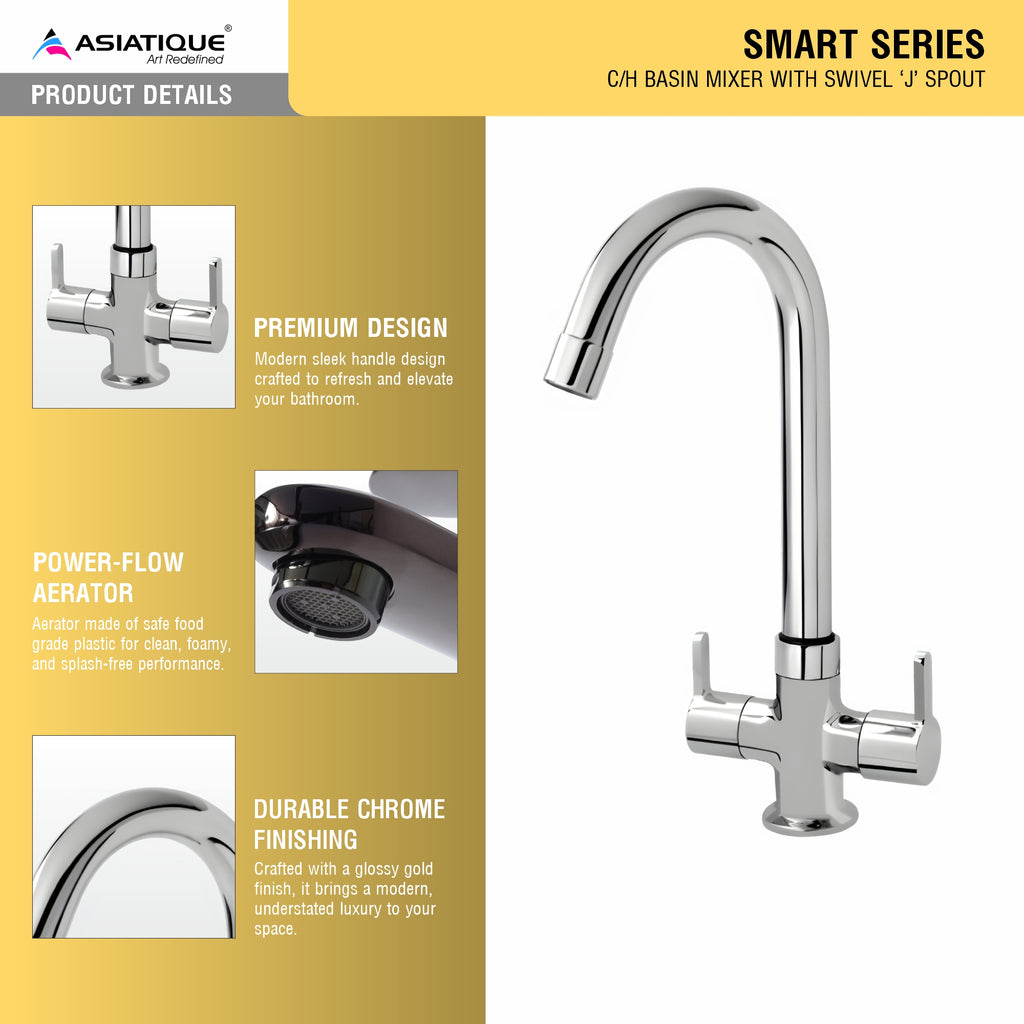 Asiatique C/H Basin Mixer With Swivel ‘J’ Spout (S-011), Premium Brass Chrome Bathroom Faucet & Mixer Collection, Smart Series