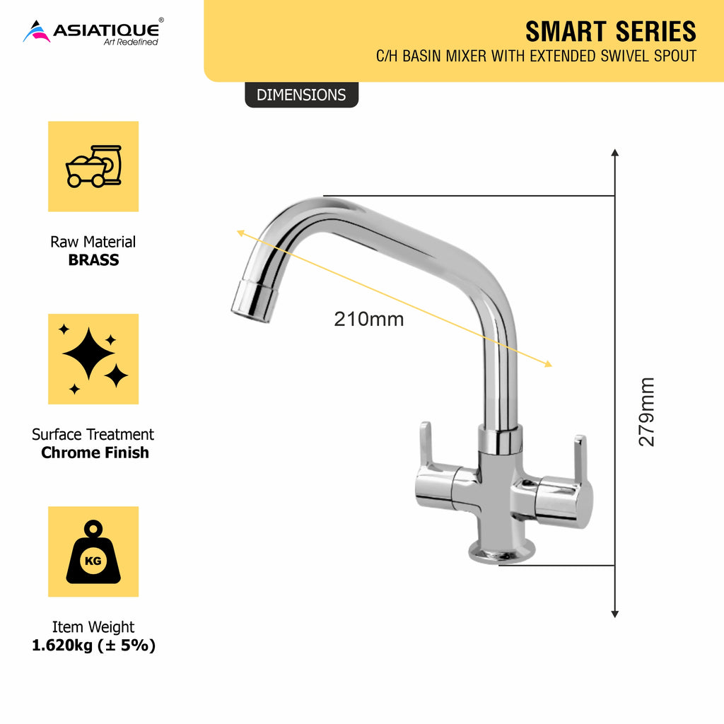 Asiatique C/H Basin Mixer With Extended Swivel Spout (S-011EX), Premium Brass Chrome Bathroom Faucet & Mixer Collection, Smart Series