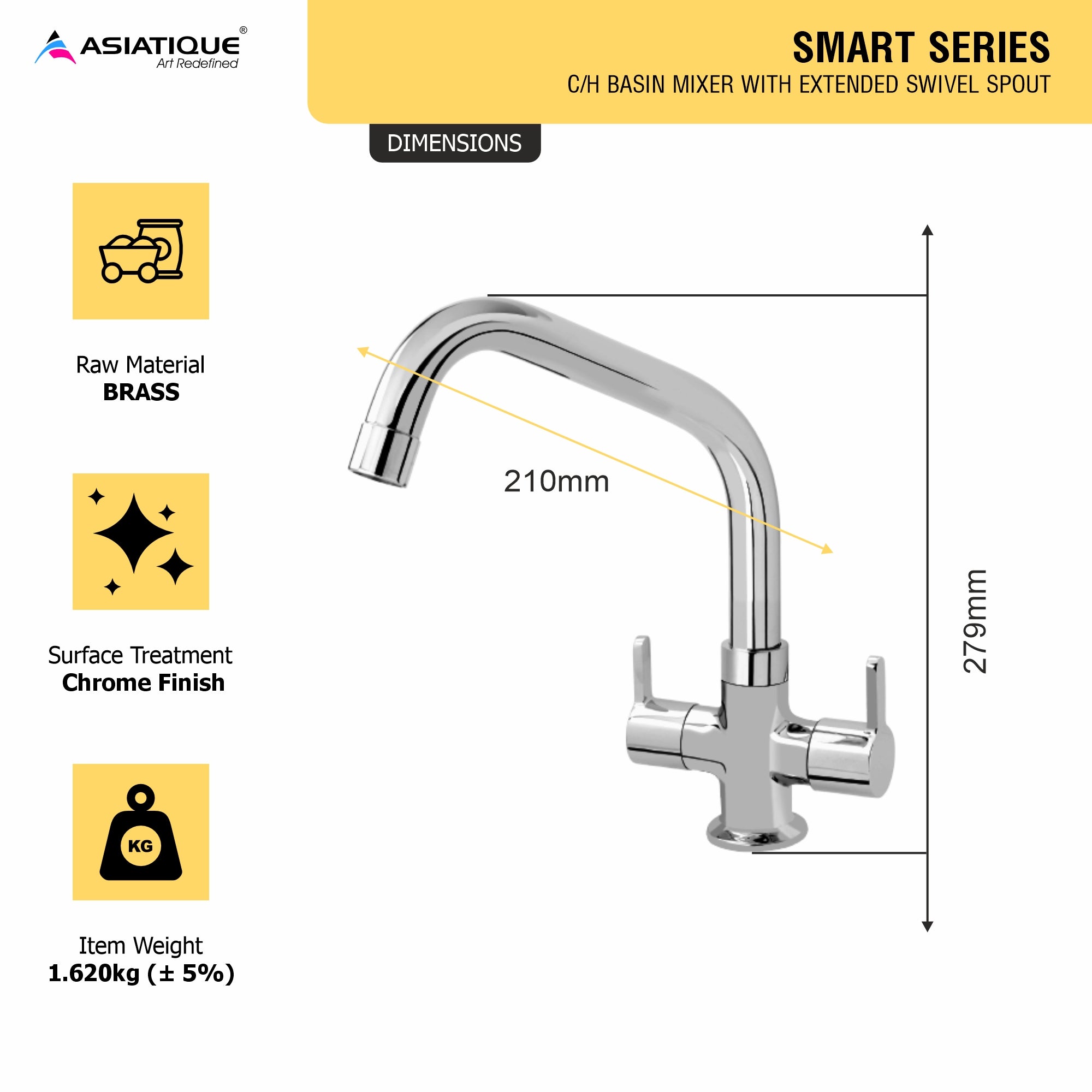 Asiatique C/H Basin Mixer With Extended Swivel Spout (S-011EX), Premium Brass Chrome Bathroom Faucet & Mixer Collection, Smart Series