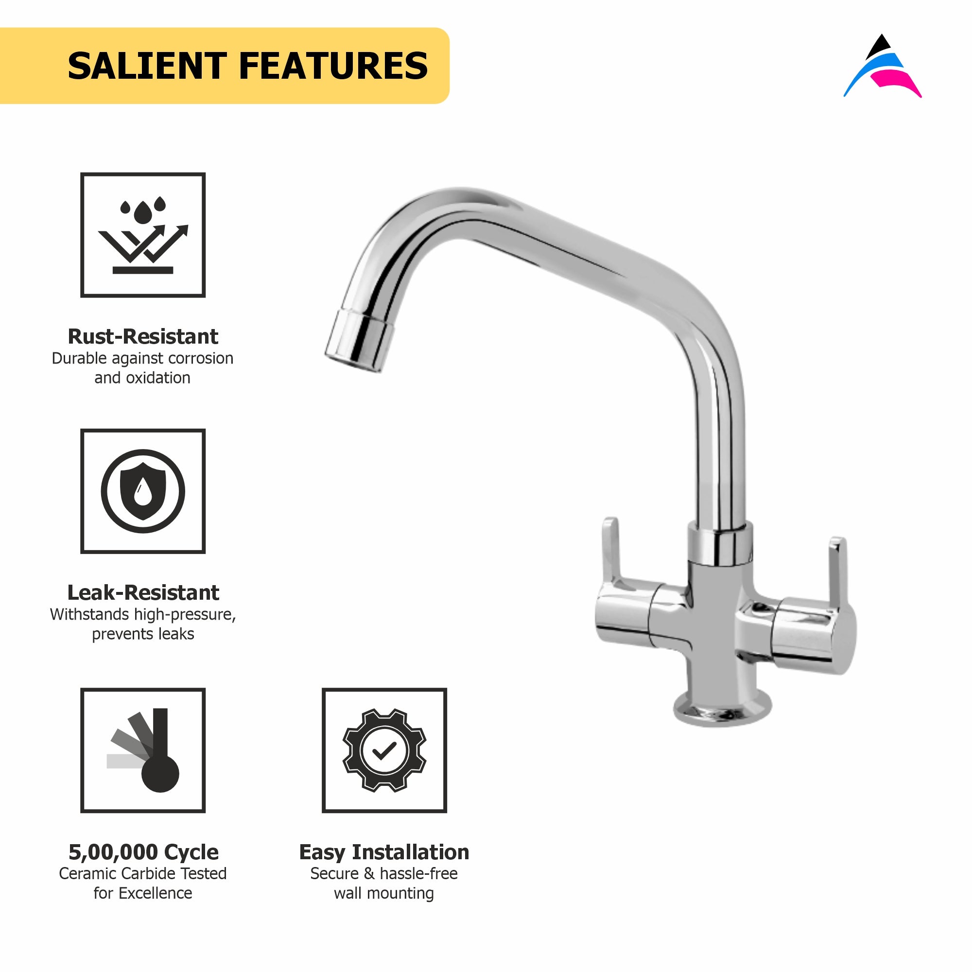 Asiatique C/H Basin Mixer With Extended Swivel Spout (S-011EX), Premium Brass Chrome Bathroom Faucet & Mixer Collection, Smart Series
