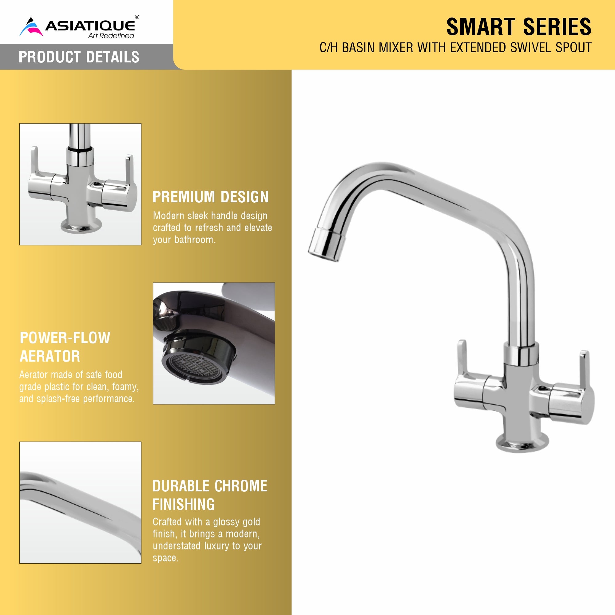 Asiatique C/H Basin Mixer With Extended Swivel Spout (S-011EX), Premium Brass Chrome Bathroom Faucet & Mixer Collection, Smart Series