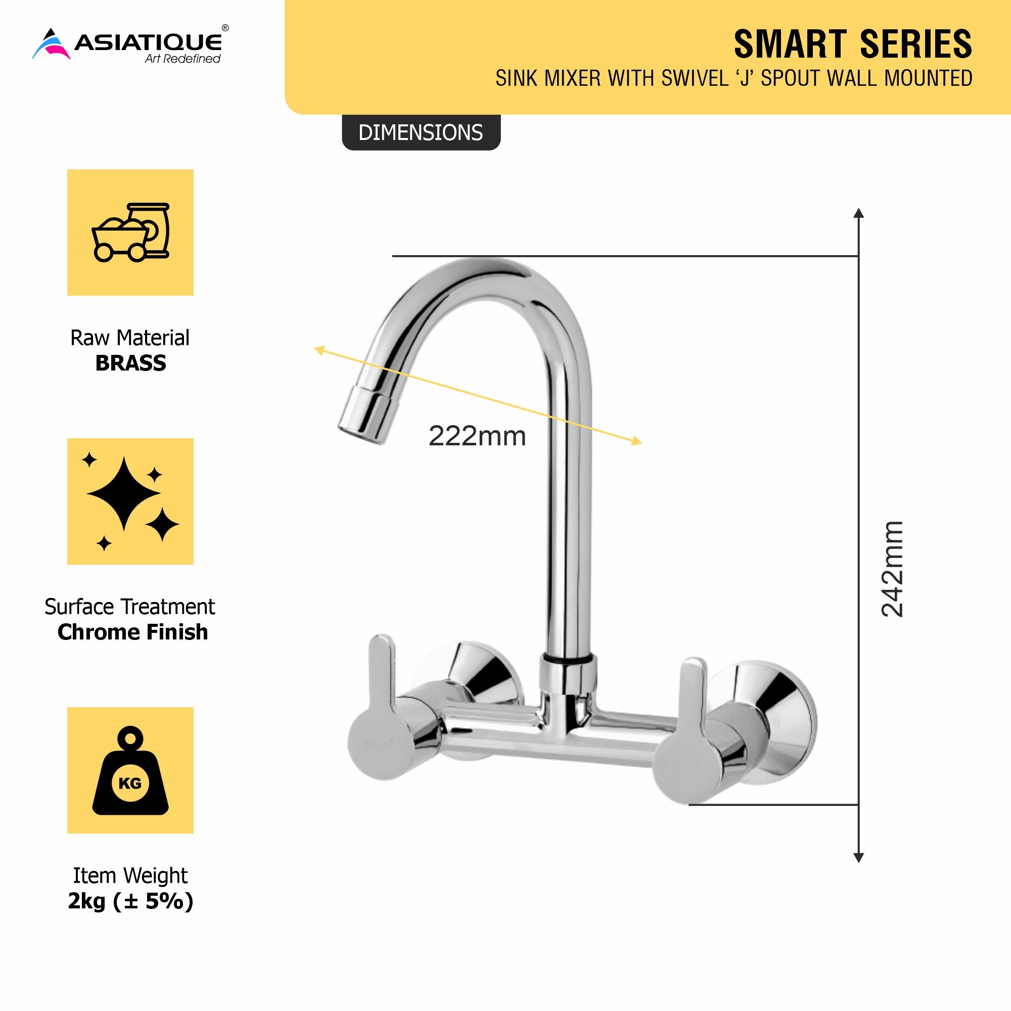 Asiatique Sink Mixer With Swivel ‘J’ Spout Wall Mounted (S-013), Premium Brass Chrome Bathroom Faucet & Mixer Collection, Smart Series