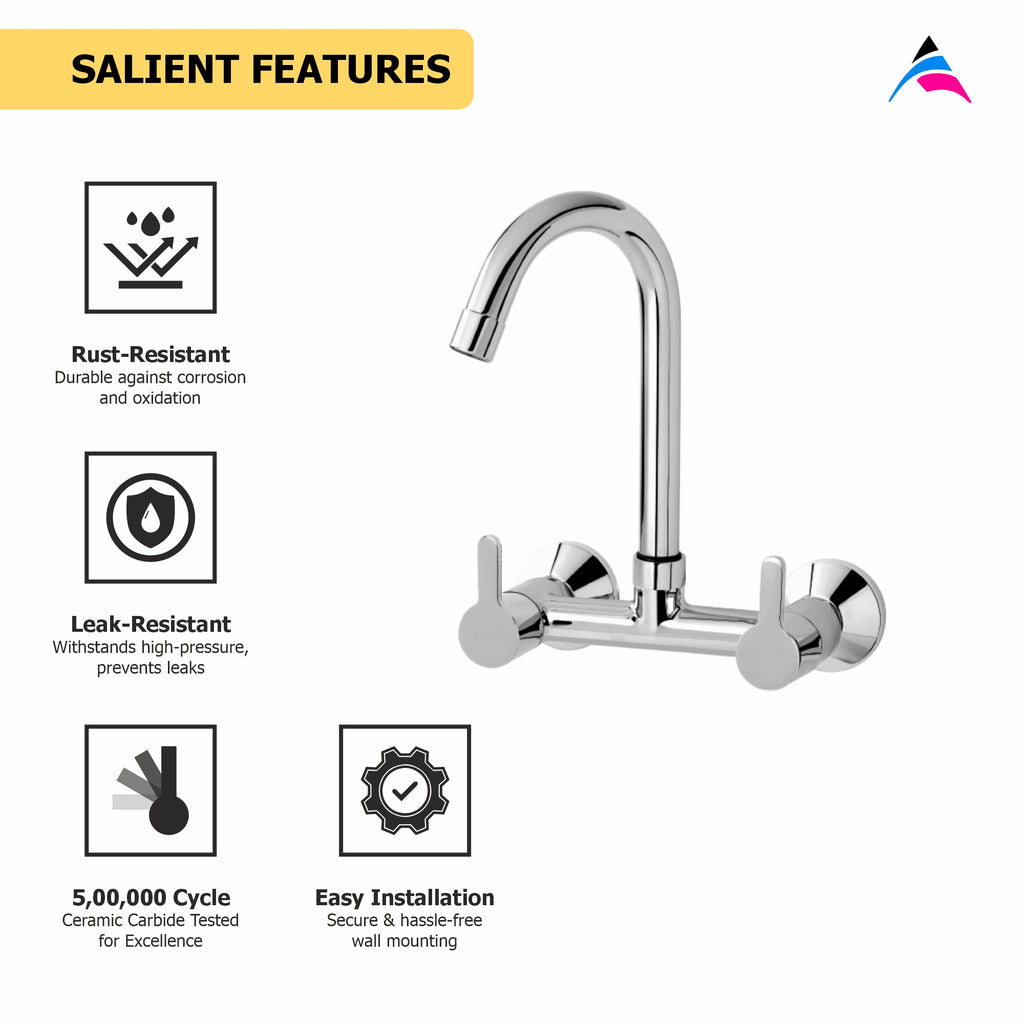Asiatique Sink Mixer With Swivel ‘J’ Spout Wall Mounted (S-013), Premium Brass Chrome Bathroom Faucet & Mixer Collection, Smart Series