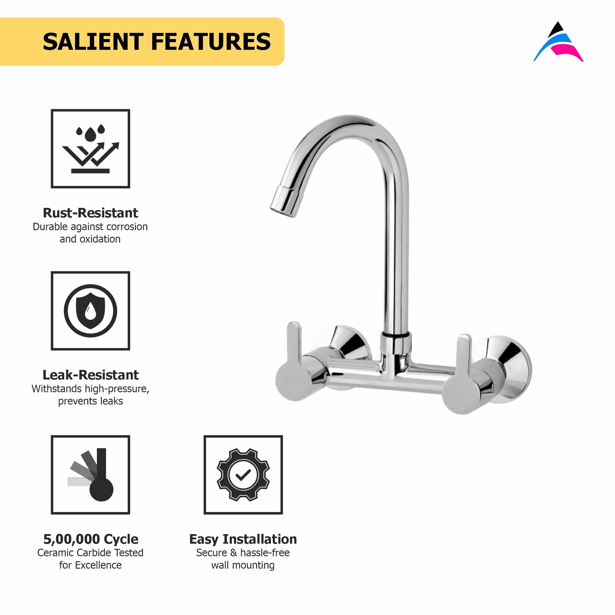 Asiatique Sink Mixer With Swivel ‘J’ Spout Wall Mounted (S-013), Premium Brass Chrome Bathroom Faucet & Mixer Collection, Smart Series
