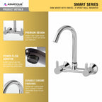 Asiatique Sink Mixer With Swivel ‘J’ Spout Wall Mounted (S-013), Premium Brass Chrome Bathroom Faucet & Mixer Collection, Smart Series