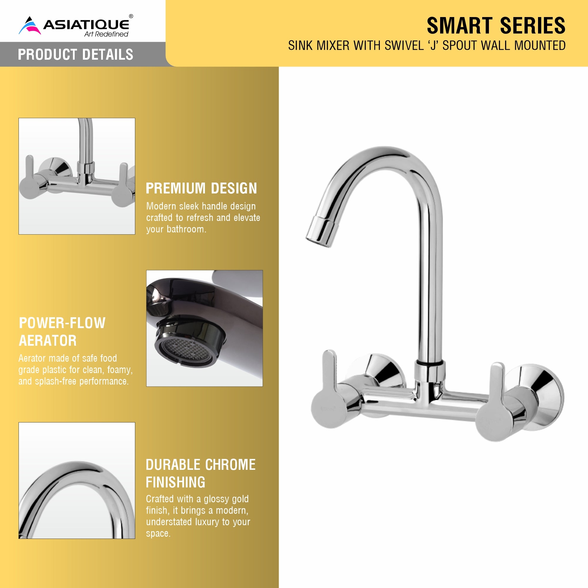 Asiatique Sink Mixer With Swivel ‘J’ Spout Wall Mounted (S-013), Premium Brass Chrome Bathroom Faucet & Mixer Collection, Smart Series