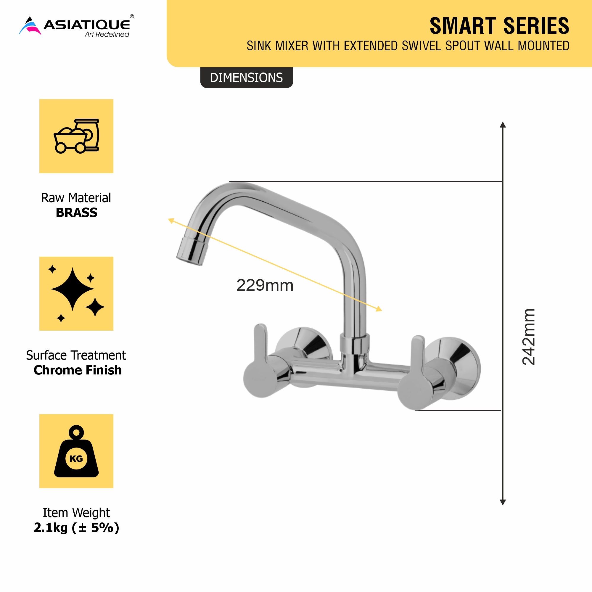 Asiatique Sink Mixer With Extended Swivel Spout Wall Mounted (S-013EX), Premium Brass Chrome Bathroom Faucet & Mixer Collection, Smart Series