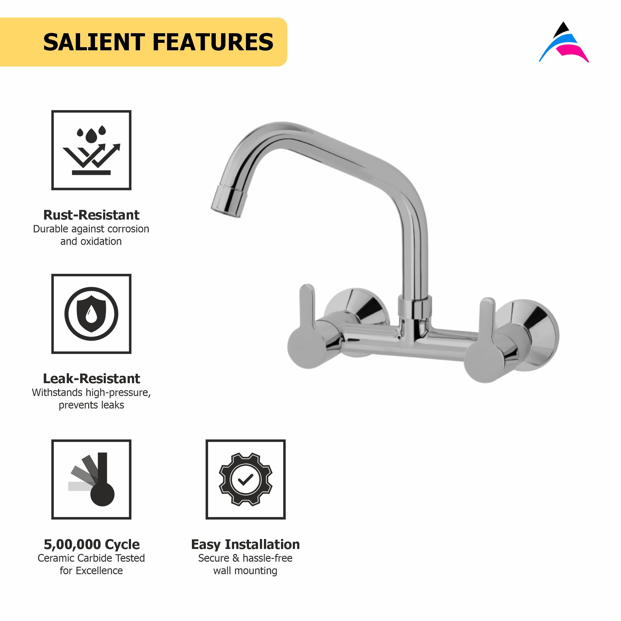 Asiatique Sink Mixer With Extended Swivel Spout Wall Mounted (S-013EX), Premium Brass Chrome Bathroom Faucet & Mixer Collection, Smart Series
