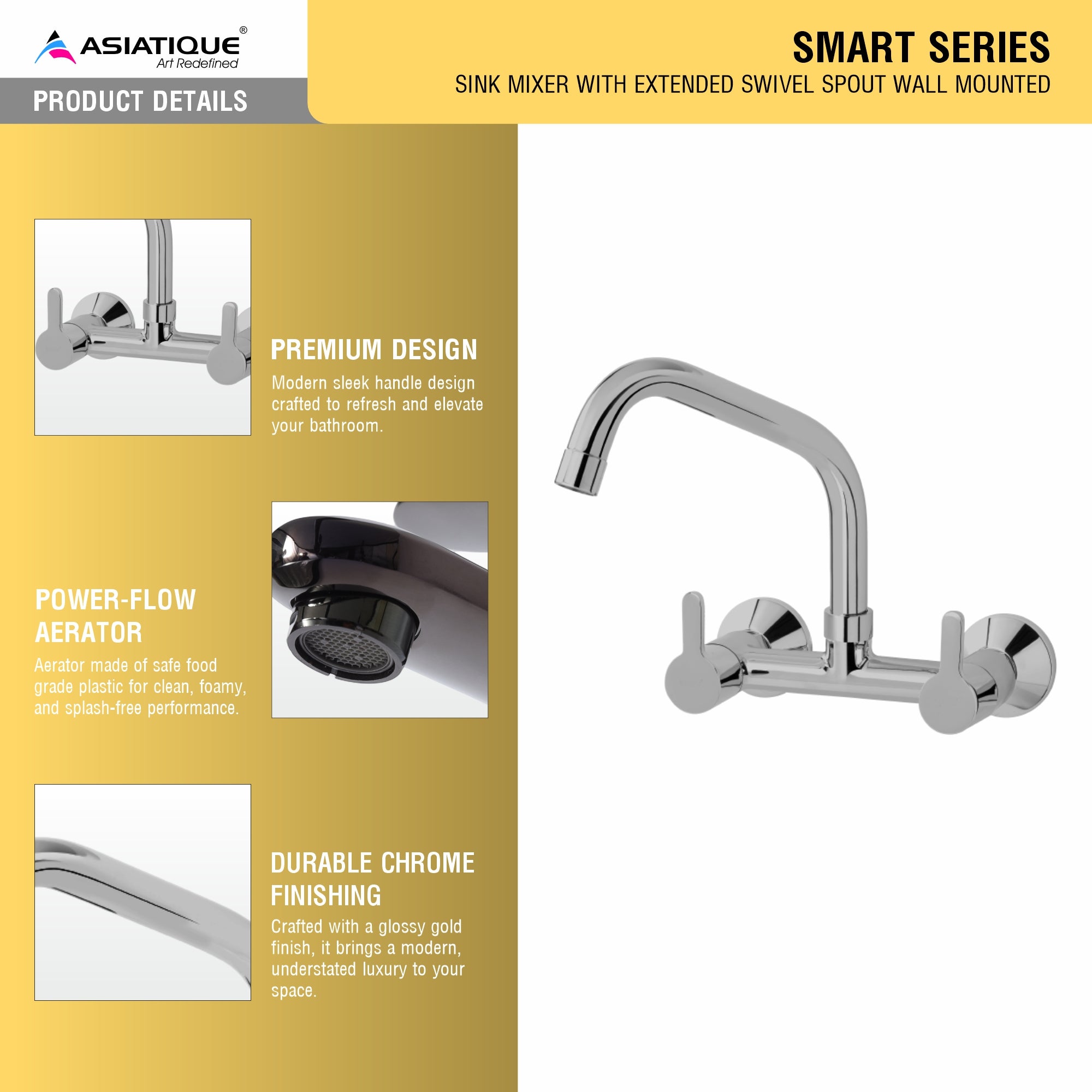 Asiatique Sink Mixer With Extended Swivel Spout Wall Mounted (S-013EX), Premium Brass Chrome Bathroom Faucet & Mixer Collection, Smart Series