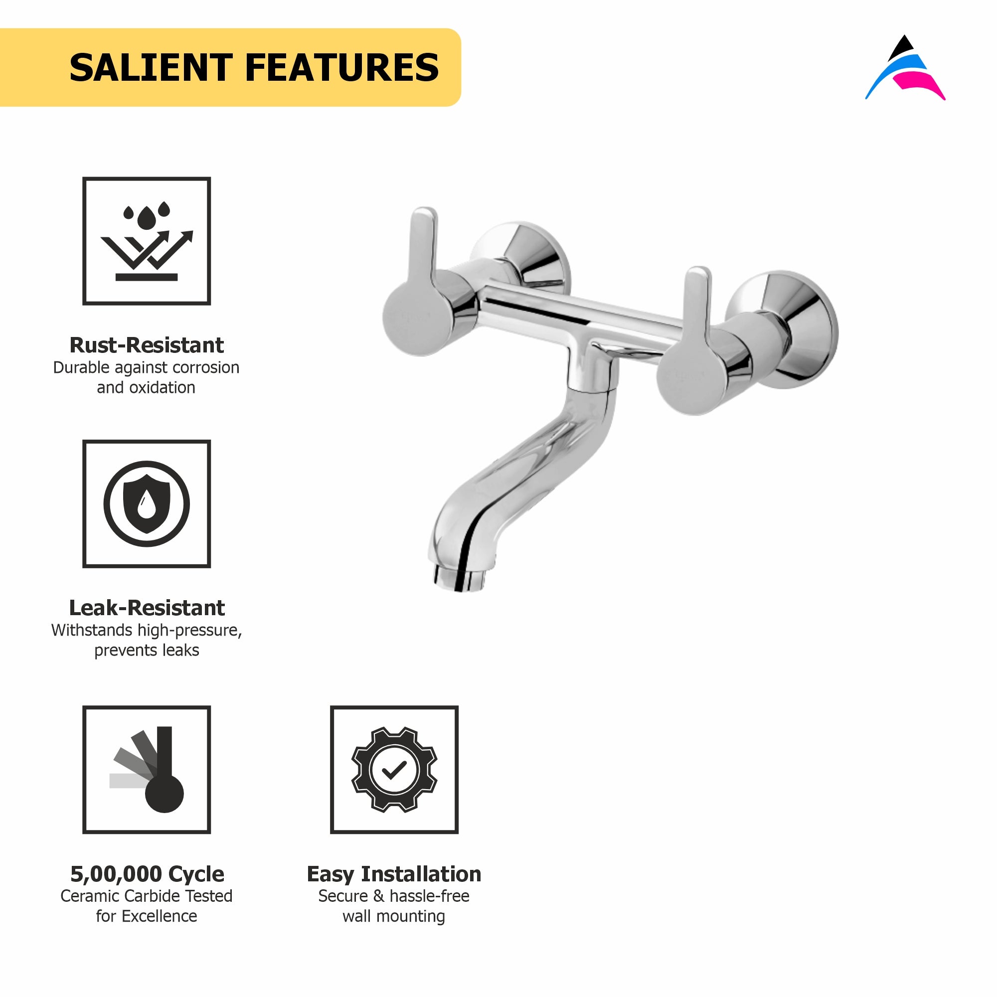 Asiatique Wall Mixer Non-Telephonic Wall Mounted (S-014), Premium Brass Chrome Bathroom Faucet & Mixer Collection, Smart Series