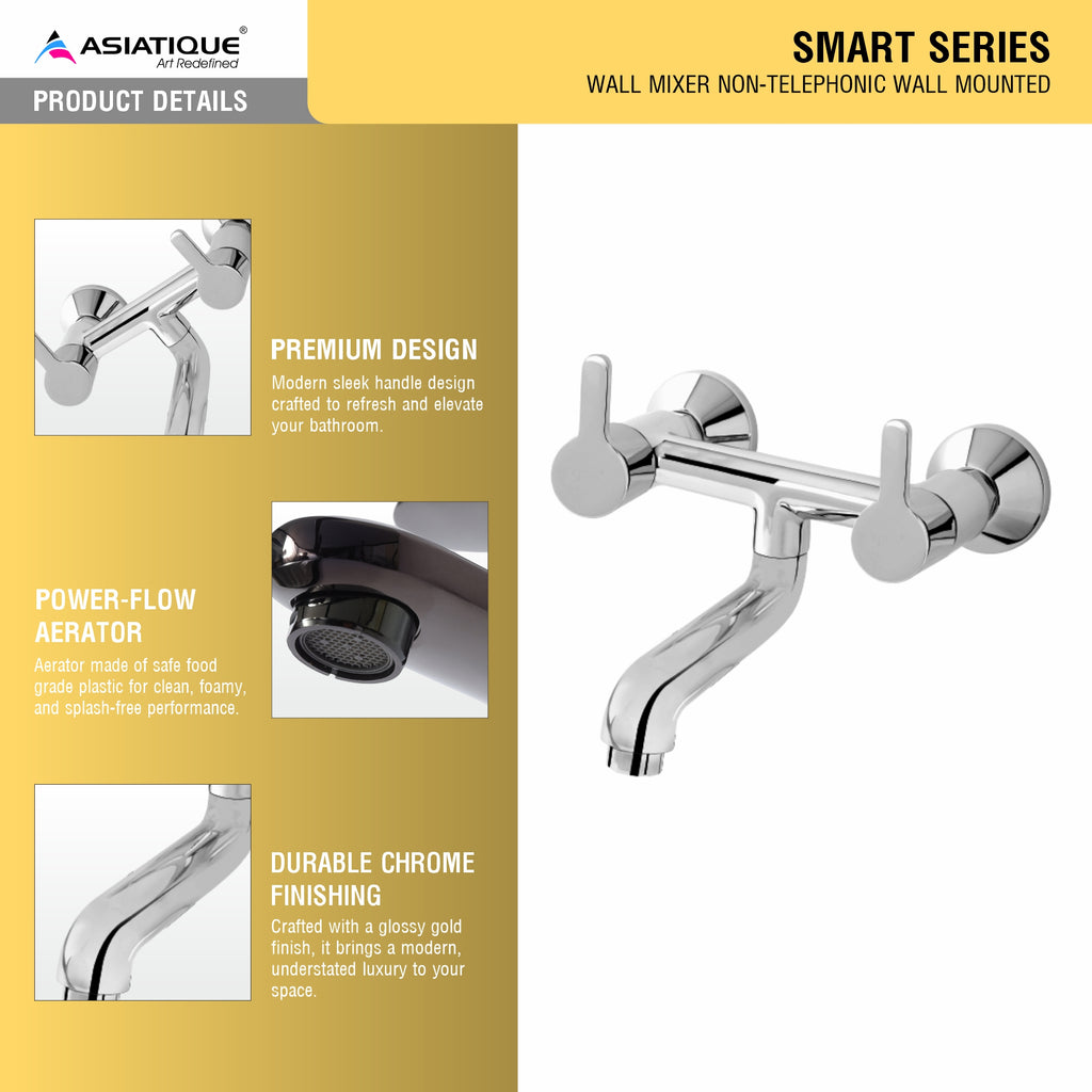 Asiatique Wall Mixer Non-Telephonic Wall Mounted (S-014), Premium Brass Chrome Bathroom Faucet & Mixer Collection, Smart Series