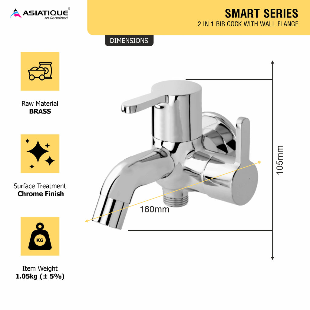 Asiatique 2 in 1 Bib Cock With Wall Flange (S-015), Premium Brass Chrome Bathroom Faucet & Mixer Collection, Smart Series