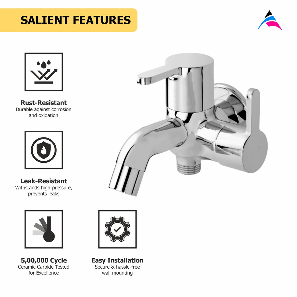 Asiatique 2 in 1 Bib Cock With Wall Flange (S-015), Premium Brass Chrome Bathroom Faucet & Mixer Collection, Smart Series