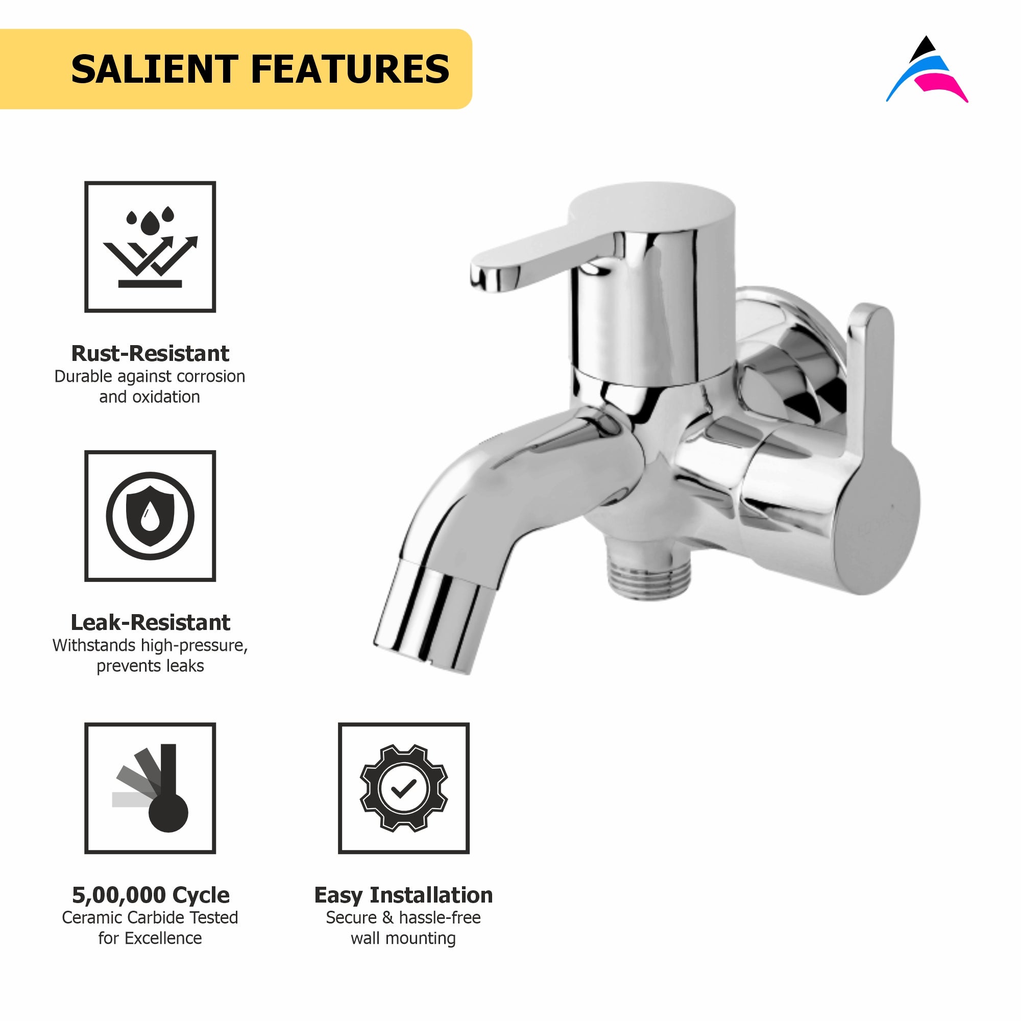 Asiatique 2 in 1 Bib Cock With Wall Flange (S-015), Premium Brass Chrome Bathroom Faucet & Mixer Collection, Smart Series