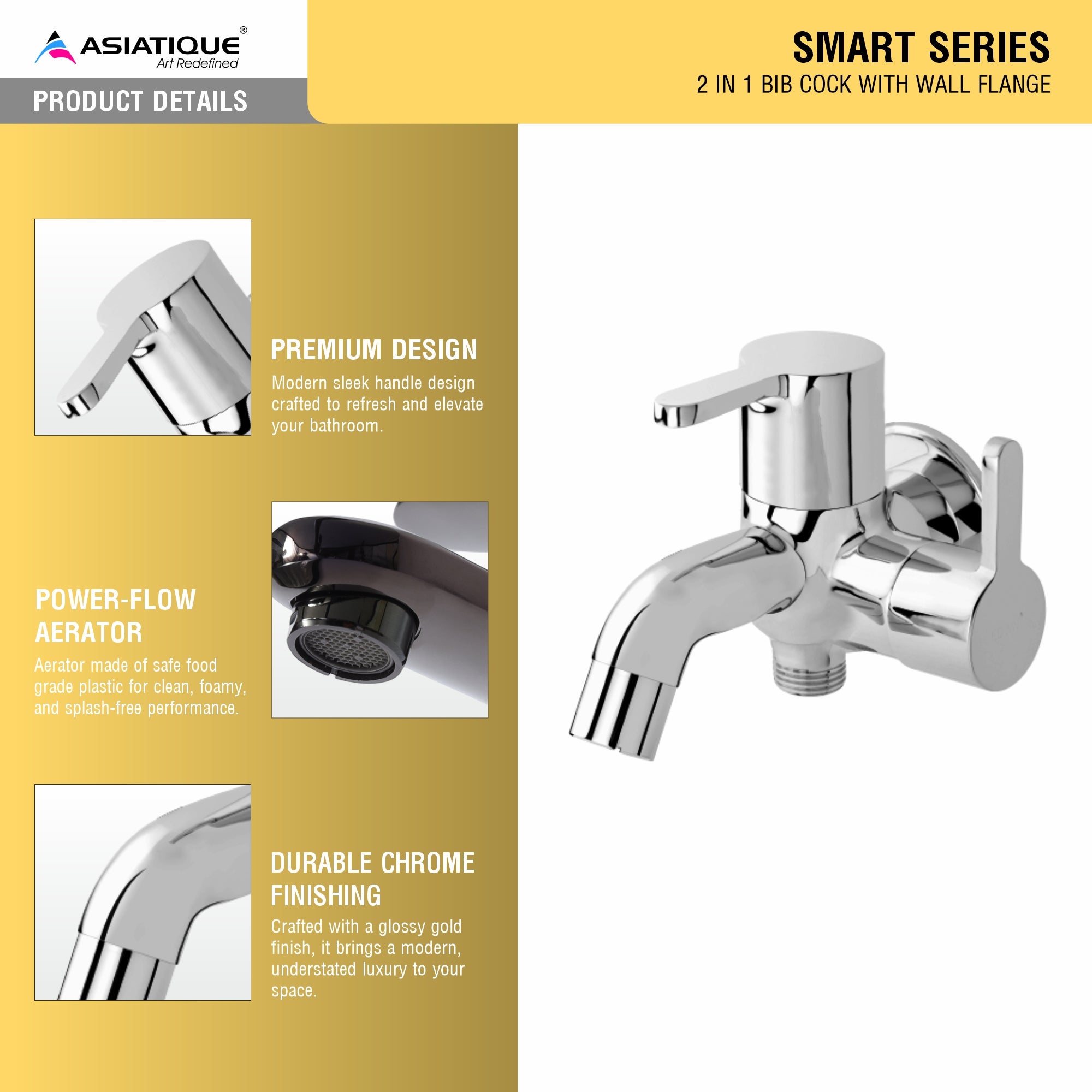 Asiatique 2 in 1 Bib Cock With Wall Flange (S-015), Premium Brass Chrome Bathroom Faucet & Mixer Collection, Smart Series